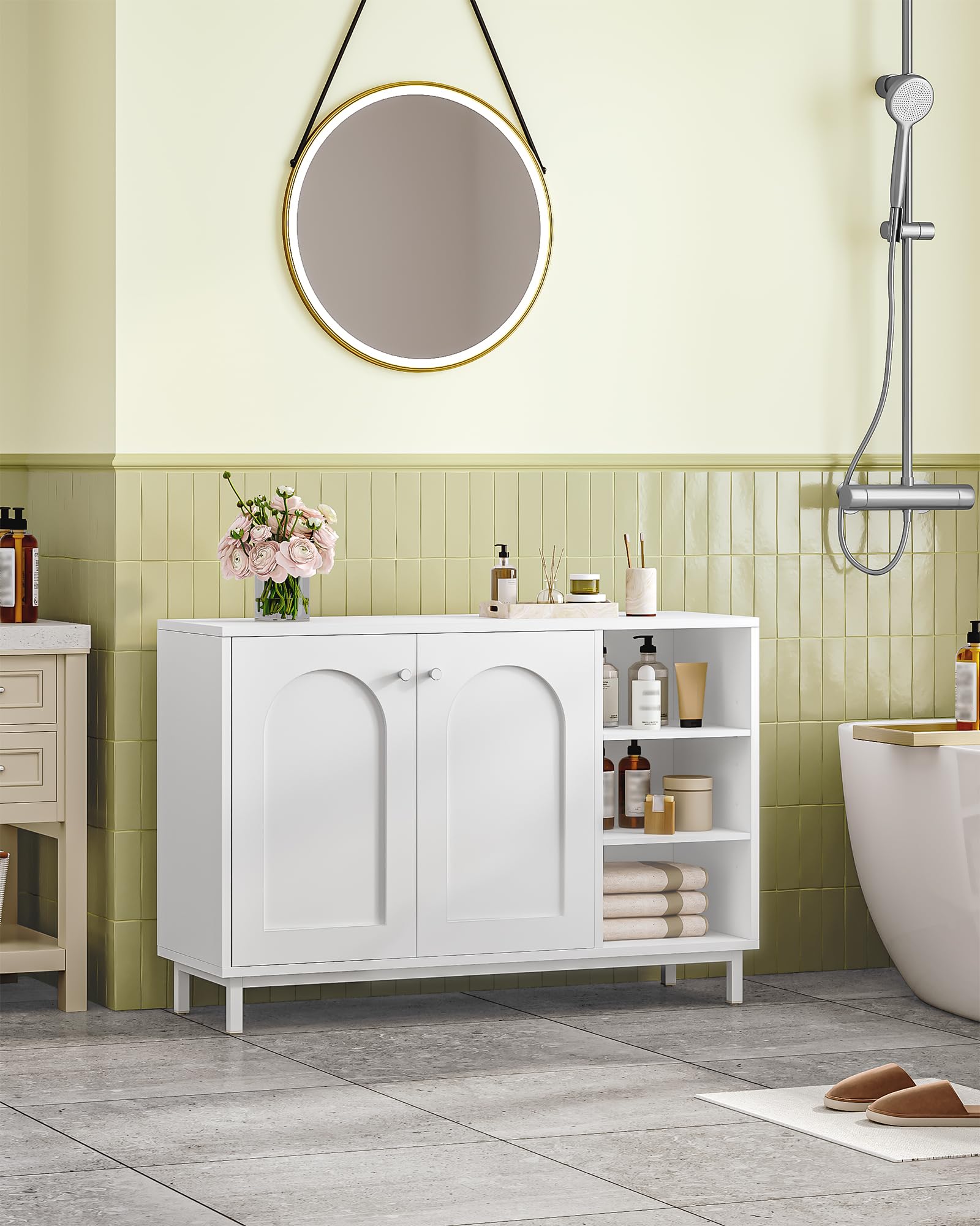 Hzuaneri Mueble de Baño, Armario de Almacenaje, con 3 Estantes Abiertos Ajustables y 2 Puertas, Gran Capacidad de Almacenaje, para Baño, Salón, Entrada, Cocina, Blanco SC10203W