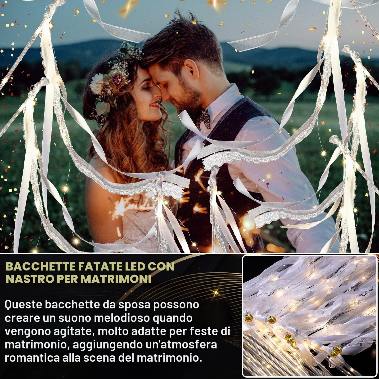 Bacchette Magiche per Matrimonio con Bagliore di Luce LED, Bacchetta Magica con Campana, Matrimonio Nastro, Bacchette da Sposa, Bacchette Nuziali, Bacchette di Pizzo Romantiche con Nastri Nuziali