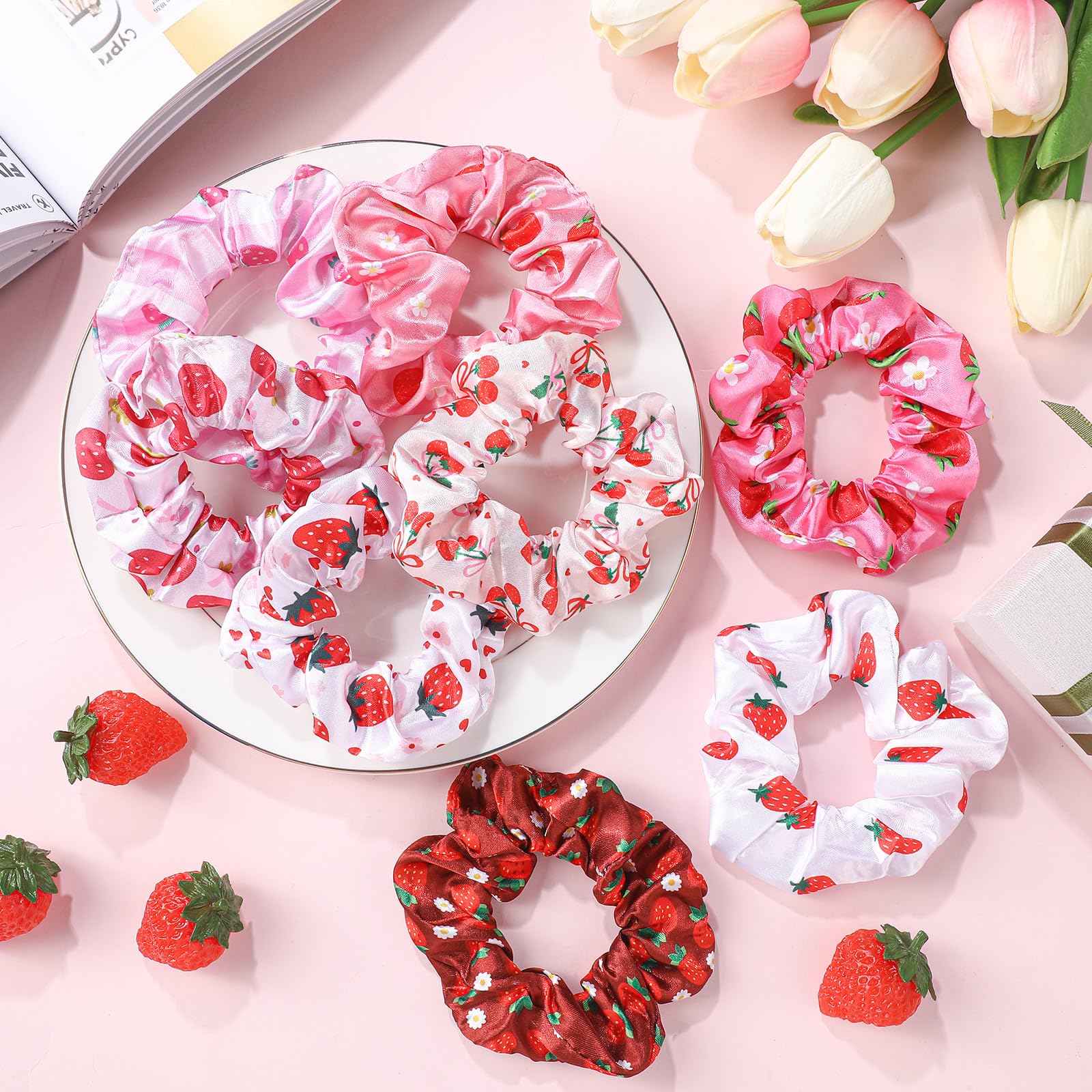 80 elastici per capelli estivi in raso, fragole, per donne, frutta, seta, elastici, corde, coda di cavallo, cravatte, accessori per feste di nozze estive
