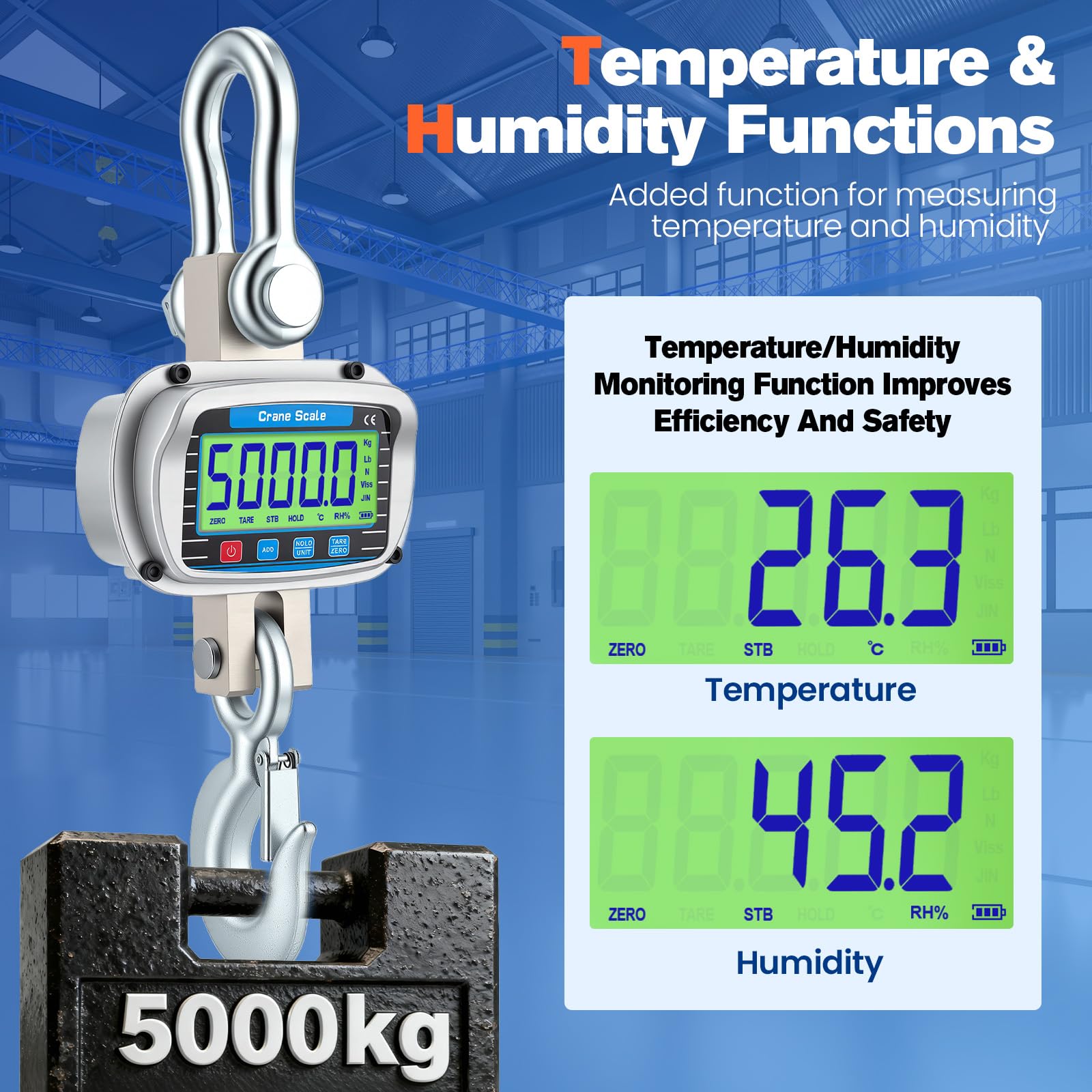 Balance à Grue 5000kg, balance électronique numérique suspendue, balance industrielle robuste 5T avec grand écran LCD et télécommande, Affichage de la température et de l'humidité pour la ferme
