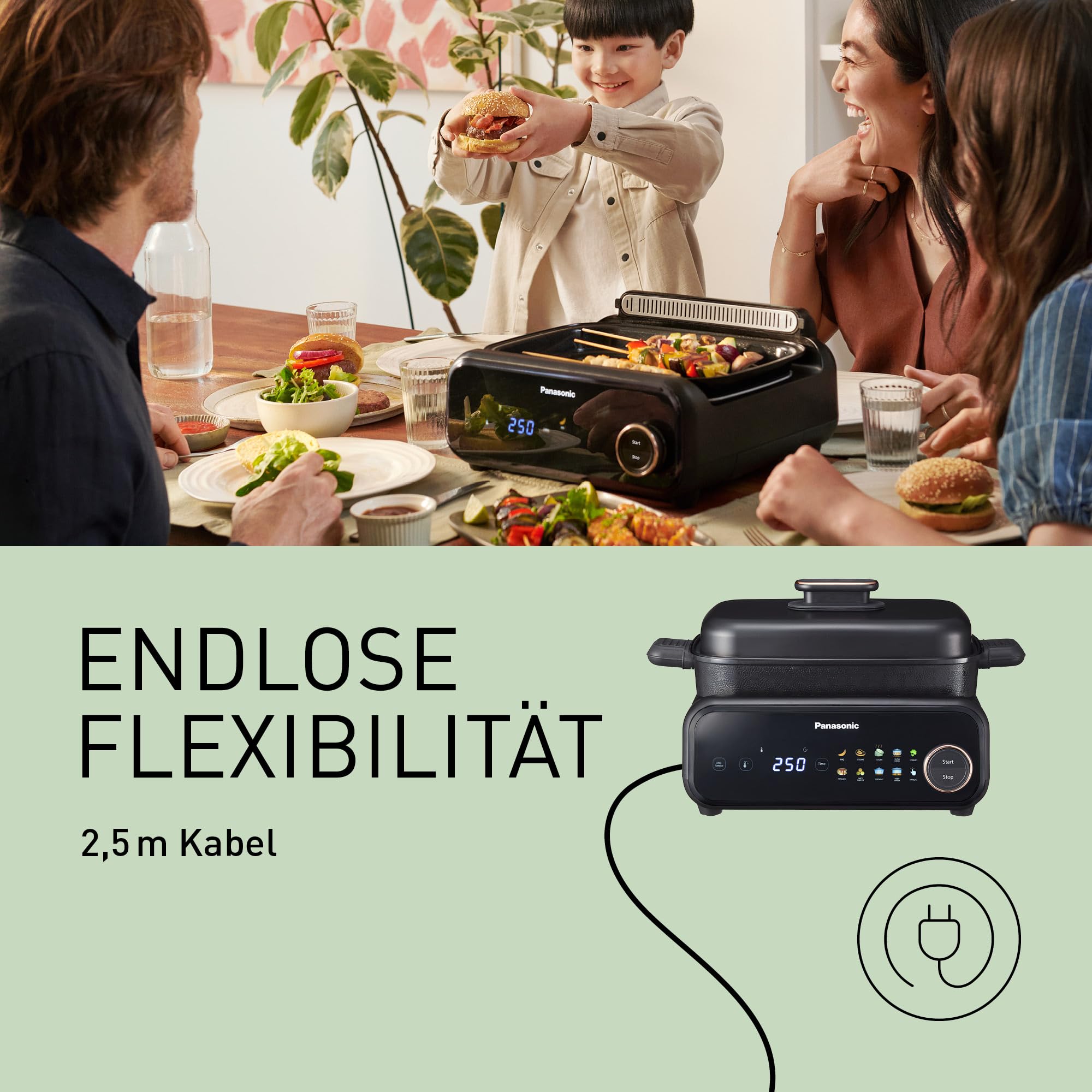 Panasonic NF-GM400 4-in-1 Elektro-Multikocher, Elektro Tischgrill, Braten, Slow Cook, BBQ, Dämpfen, Sautieren, 1400W, 40–250°C, 9 Auto-Modi, 4 Antihaftplatten, Rauchabsaugung, Schwarz