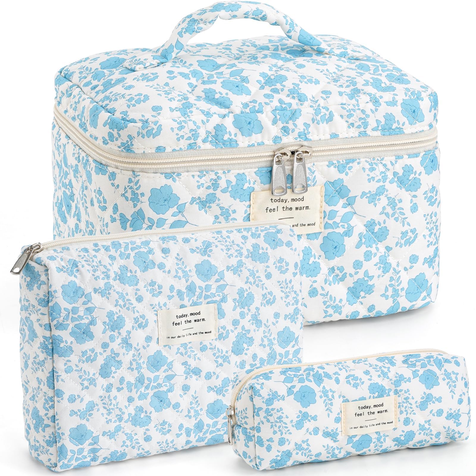 UUYUUY Makeup Bag for Women 3PCS Quilted Cotton Make Up Bag Travel Cosmetic Bag Large Makeup Bag Set Cute Bag Organizer Floral Toiletry Pouch for