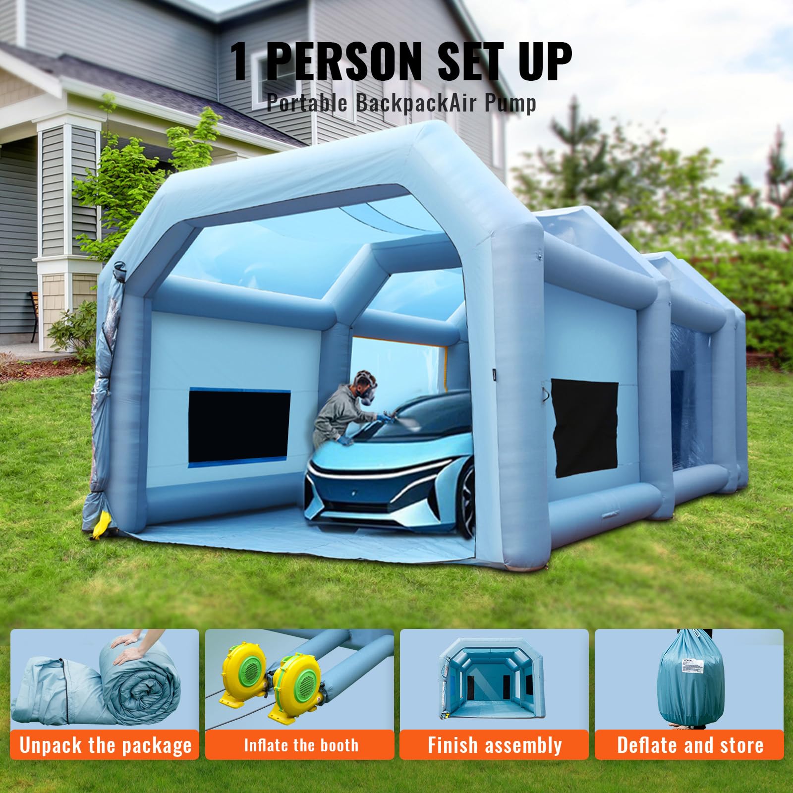 VEVOR Tragbares Aufblasbares Farbzelt 10 x 6 x 4 m 1100 + 950 W Sprühschutz Farbkabine Blau 210D Oxford-Gewebe
