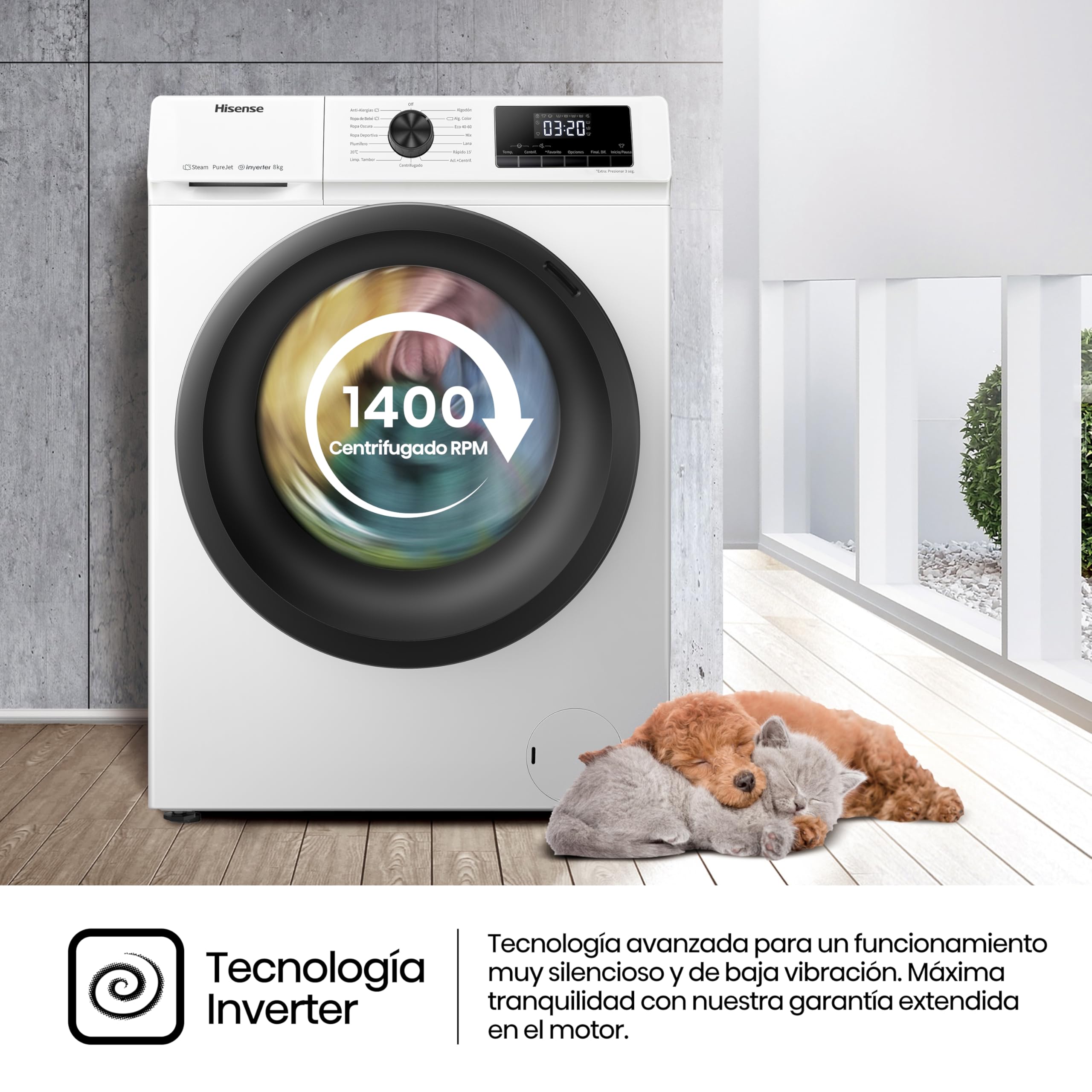 Hisense WFQE8014EVJM Lavadora 8 Kg, 1400 rpm, 15 Programas Automáticos, Vapor, Motor Inverter, Clase Eficiencia Lavado A, Pantalla LED, Programa Rápido, PureJet, Blanco