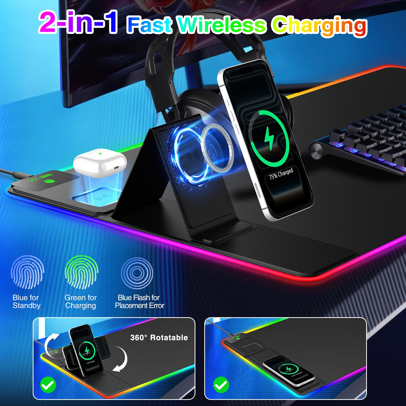 Tappetino per mouse da gioco XXL RGB LED con caricabatterie wireless magnetico e supporto pieghevole per telefono, 80 x 40 cm, tappetino da scrivania ultra liscio, 25 effetti di luce, base antiscivolo