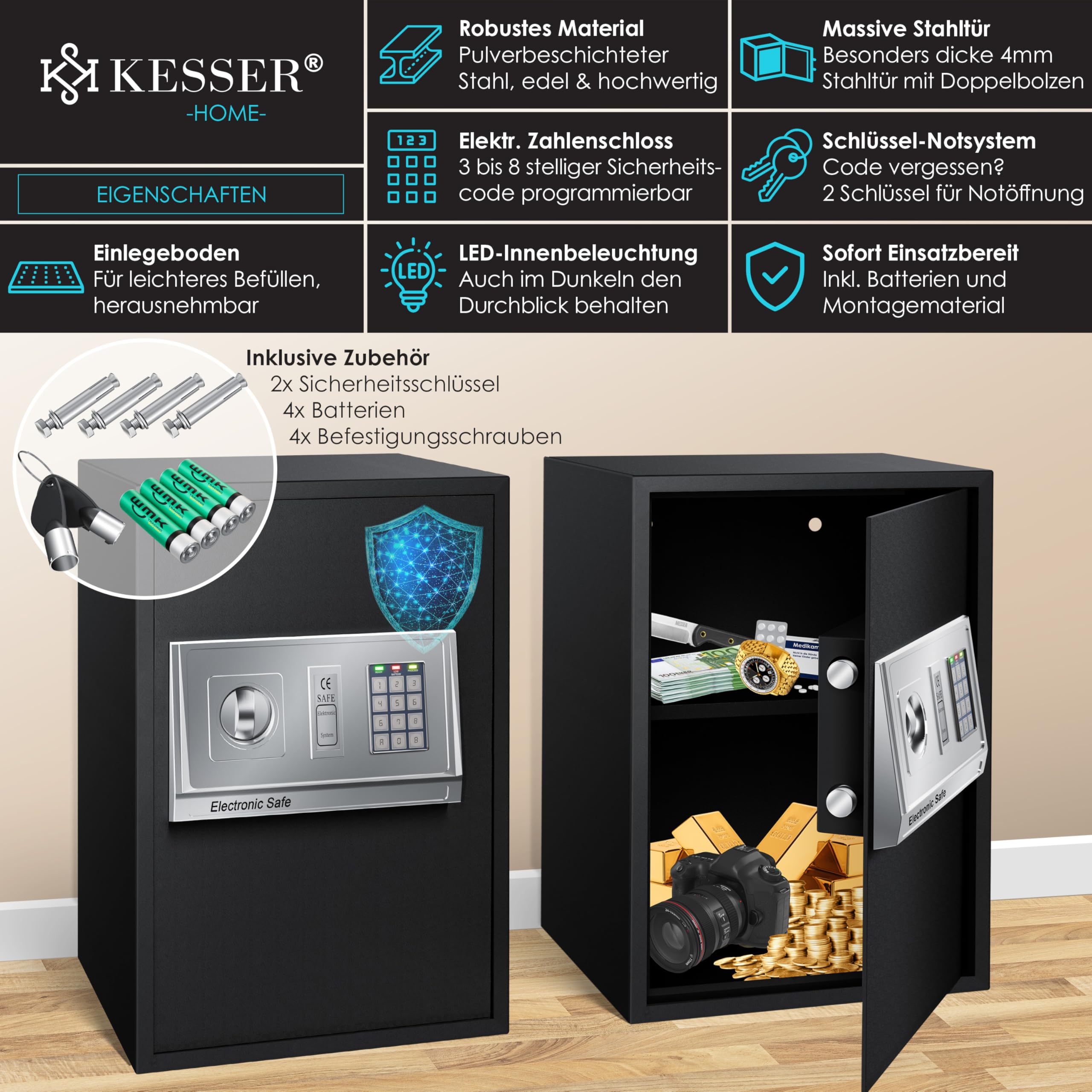 KESSER® Caja fuerte eléctrica - XXL, Grosor de la puerta 4 mm, Doble cerradura de pestillo, incl. Material de Montaje, Iluminación interior, Caja fuerte blindada, 50x35x34,5 / Negro