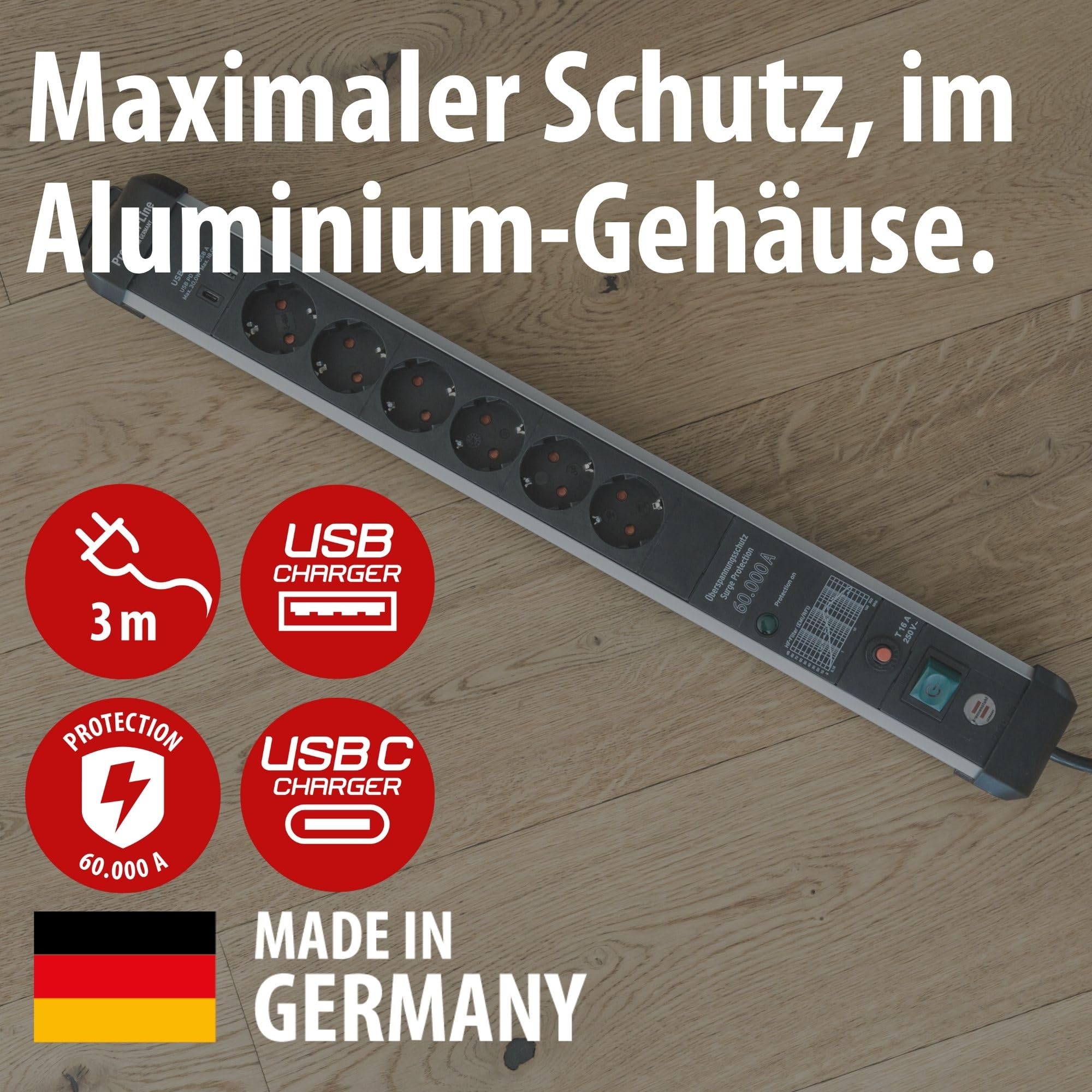 Brennenstuhl Premium-Protect-Line Steckdosenleiste 6-Fach mit USB C, 3m | Mit Überspannungsschutz, Mehrfachsteckdose mit Schalter,1x Charger Typ C PD und 1x USB-A, Made in Germany