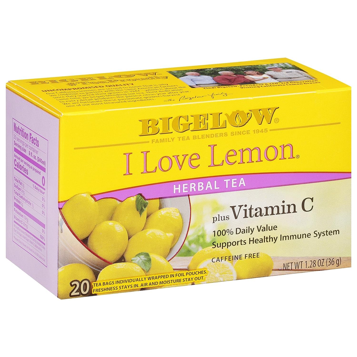 Bigelow I Love Lemon with Pure Vitamin C Herbal Tea Freshness & Aroma Caffeine Free 20 Tea Bags Net Wt 1.28oz (36gm)