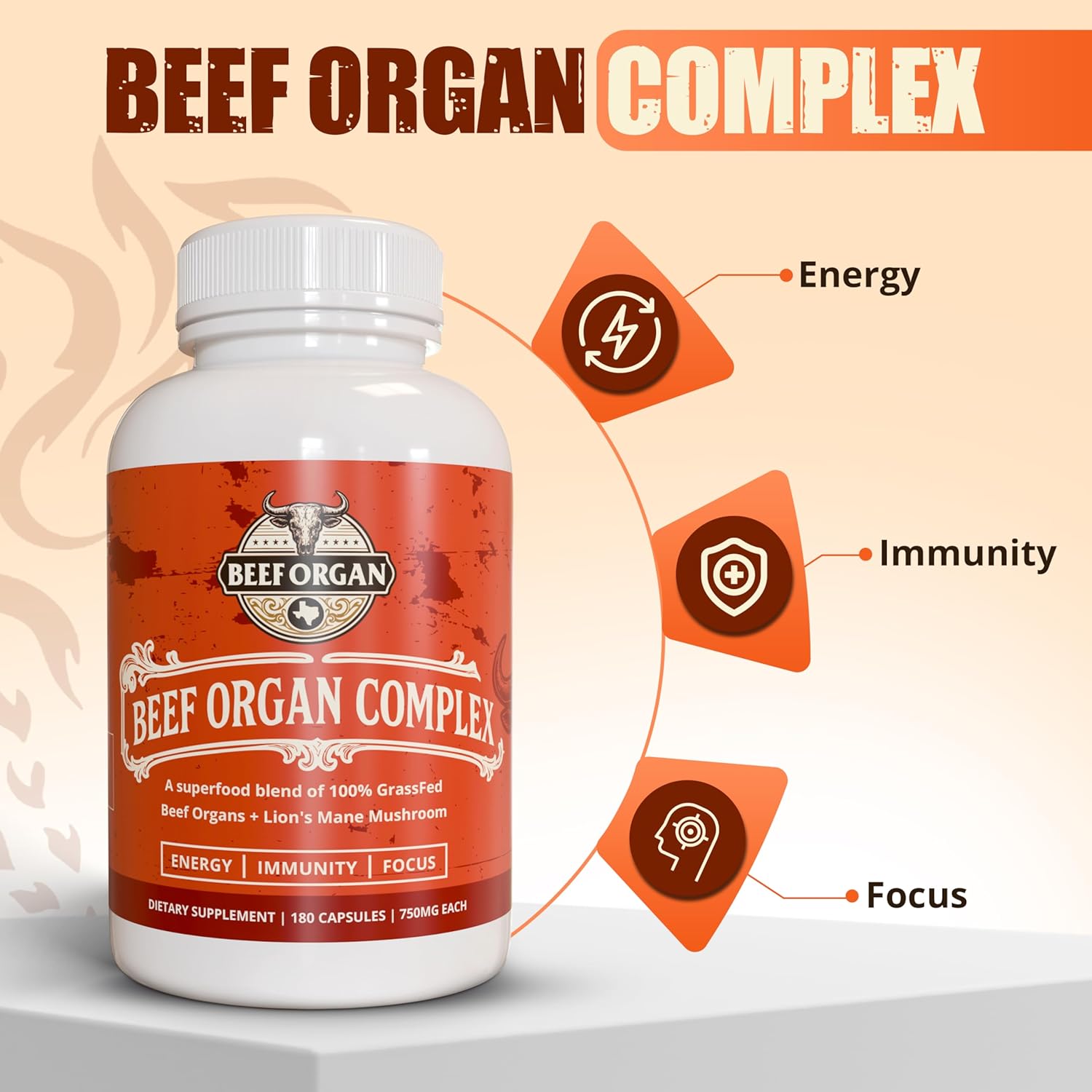 Grass Fed Beef Organ Supplement - Supports Immunity & Vitality - Beef Organ Complex for Men & Women - Superfood Blend with Lions Mane & Cinnamon - Pasture Raised - 180 Capsules - Image 3