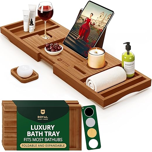 ROYAL CRAFT WOOD Premium Foldable Bathtub Tray Caddy - Wood Bath Tray for Tub, Bamboo Shelf, Expandable Bath Table Trays, Bathtub & Bathroom Accessories for New Home & Mothers, Birthday Gifts for Mom