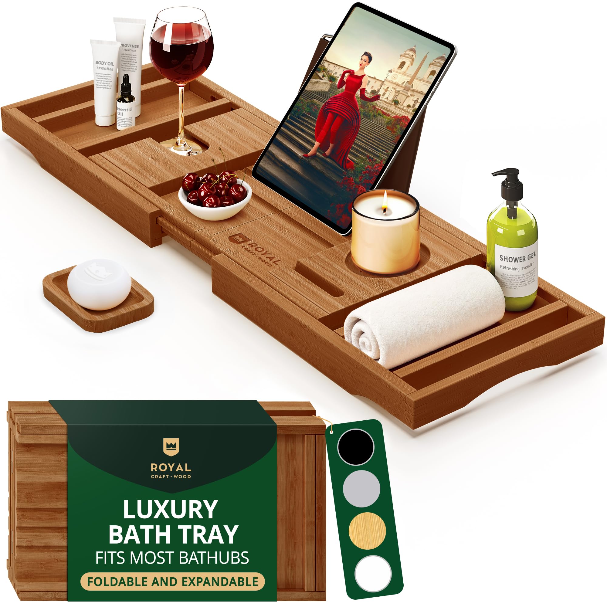 Royal Craft Wood Luxury Bamboo Bathtub Caddy Tray, Free Soap Holder (Brown)