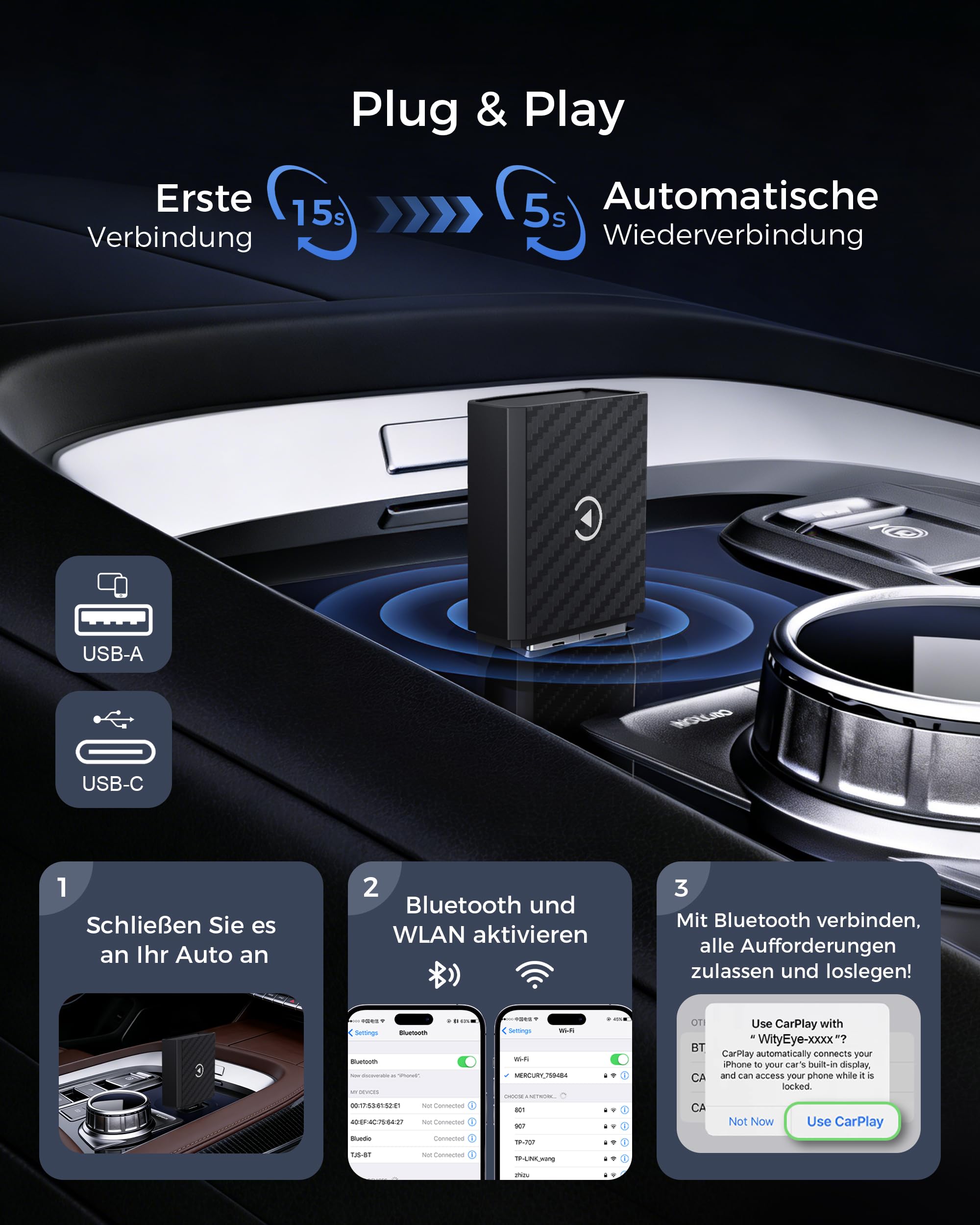 2 In 1 CarPlay und Android Auto Wireless Adapter, Dualband WiFi 6, V5.4 Bluetooth, Schnell & Stabil, Plug & Play, für Apple iPhone iOS 10+, Smartphone Android 11+, Autos seit 2016