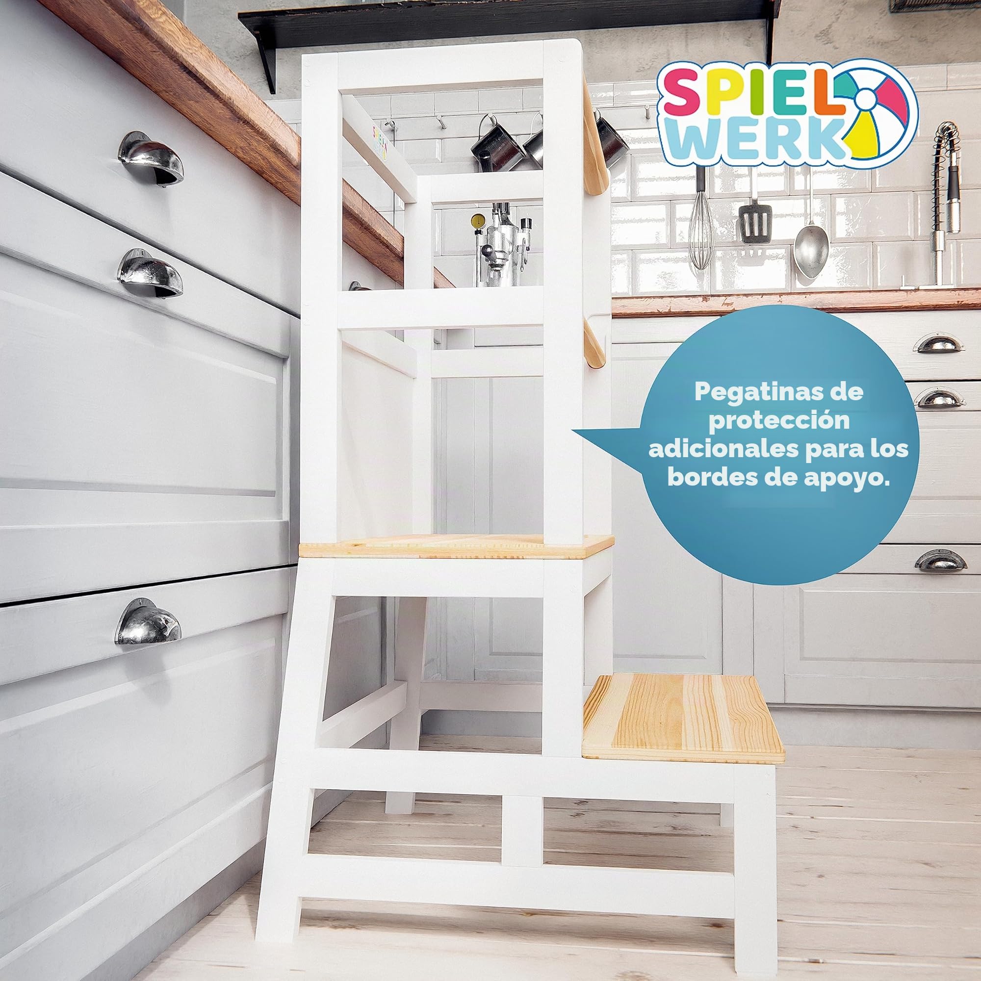 SPIELWERK® Torre de Aprendizaje Montessori Niños 100Kg Taburete Infantil 93cm Antivuelco Madera Pino Blanco