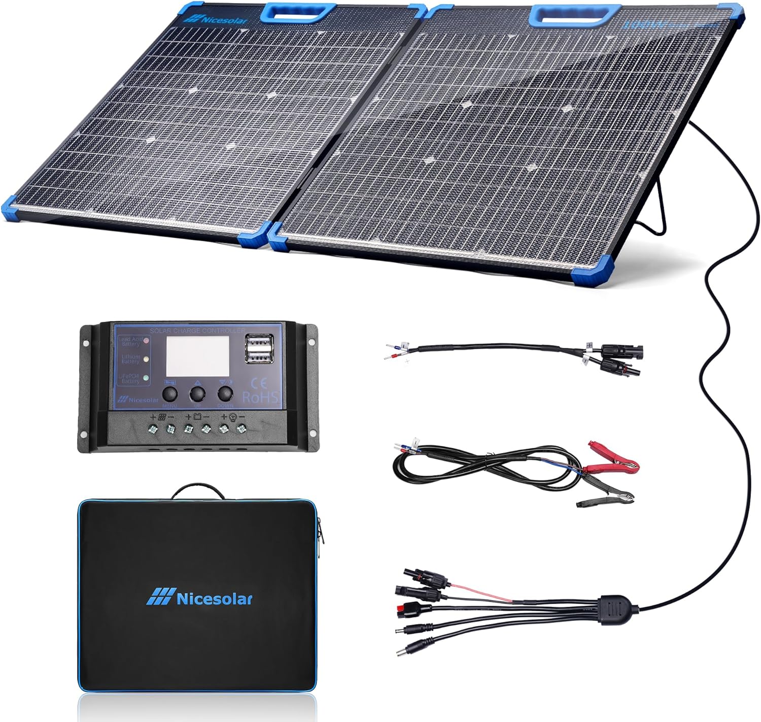 Nicesolar Portable 100W Solar Panel Kit Bifacial Foldable 100 Watt Solar PV Module Charger for Portable Power Station & Lead-Acid & Lithium & LiFePO4 12V Battery for Camping Outdoor Boat RV