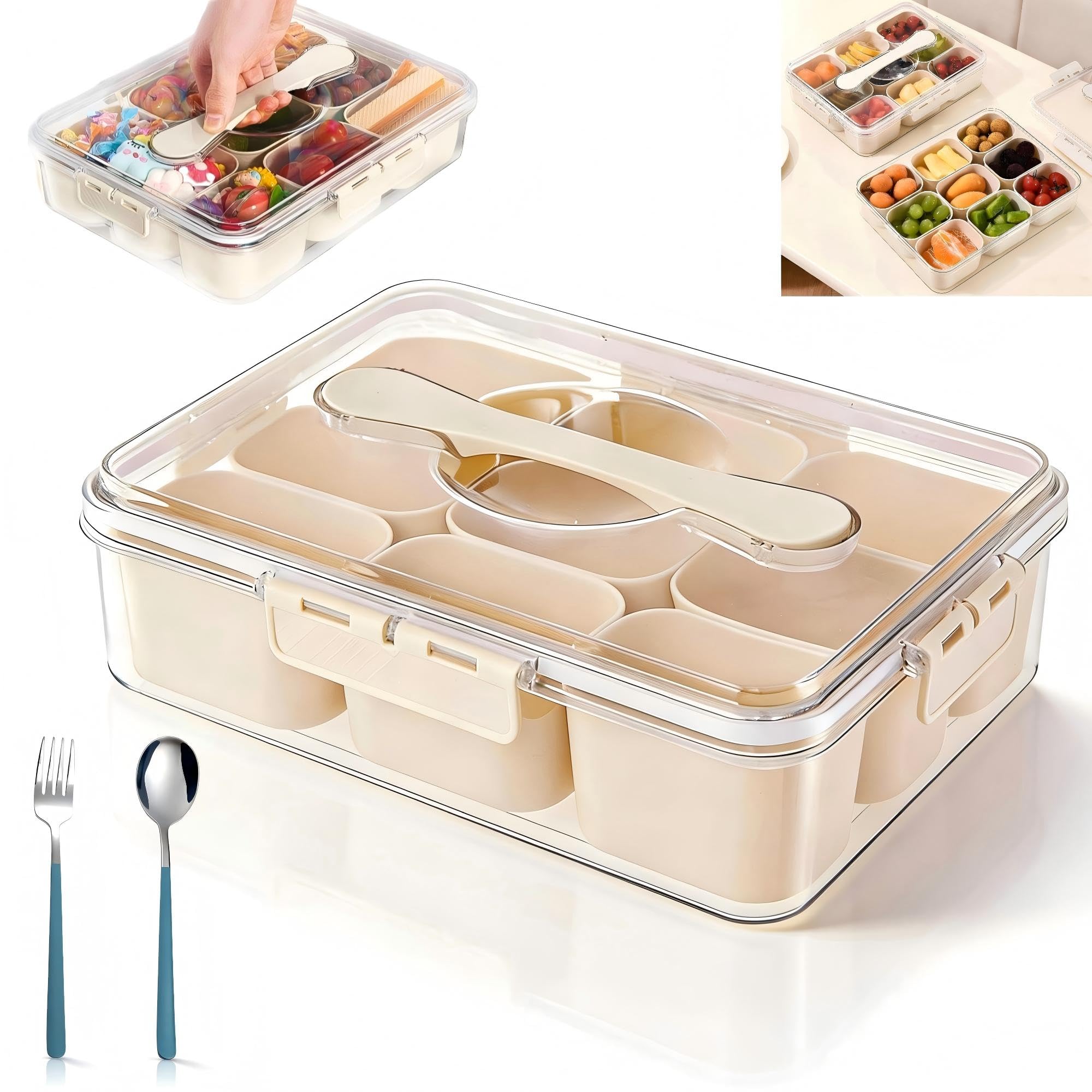 VIDONIO Bandeja dividida para servir con tapa y asa, organizador portátil de 9 compartimentos, caja de conservación fresca para caramelos, frutas, frutos secos, especias, charcutería, contenedor para