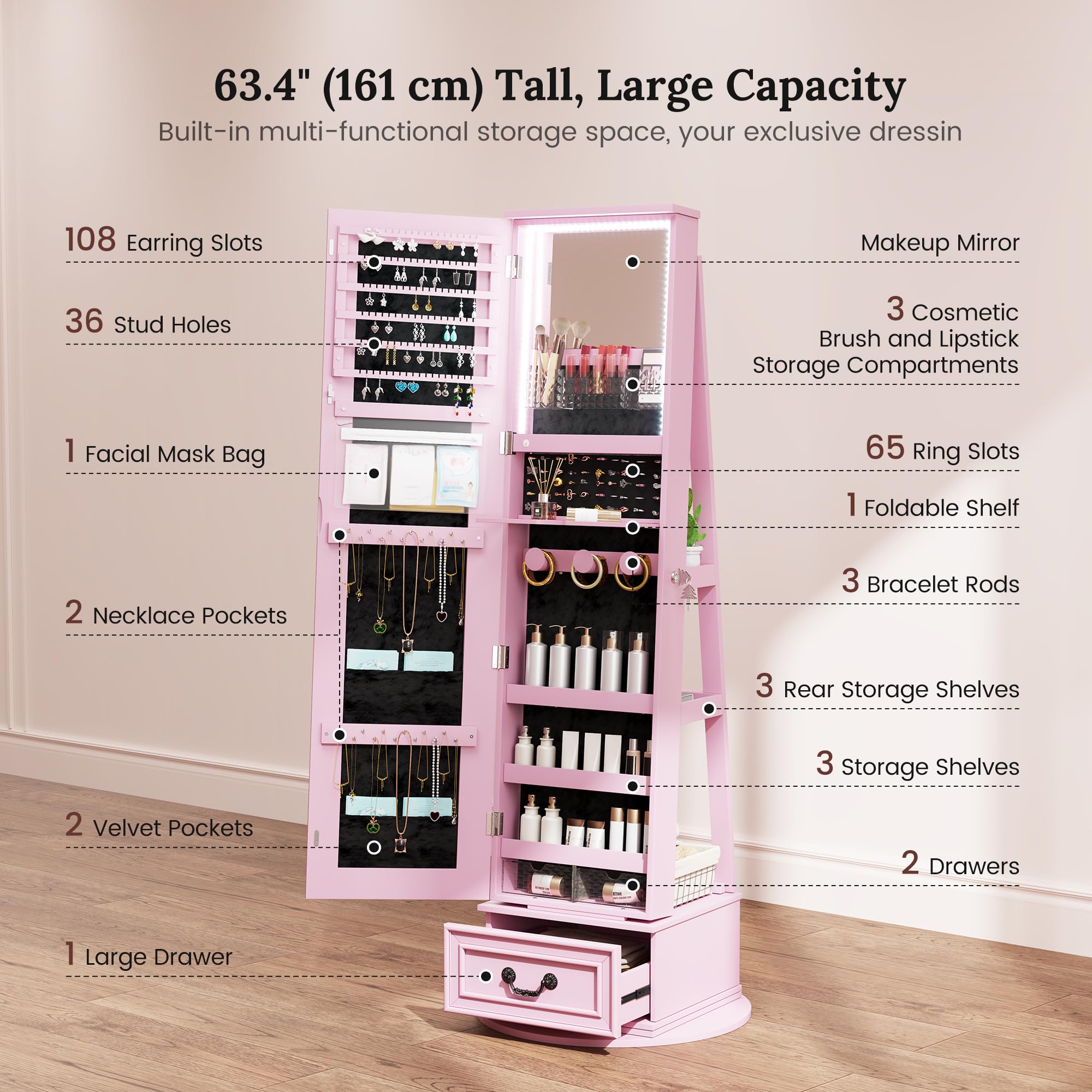 LVSOMT LED Mirror Jewelry Cabinet Standing, 360°Swivel Jewelry Armoire with Full Length Mirror, Mirror with Jewelry Storage and Large Wooden Drawer for Christmas Gifts ()