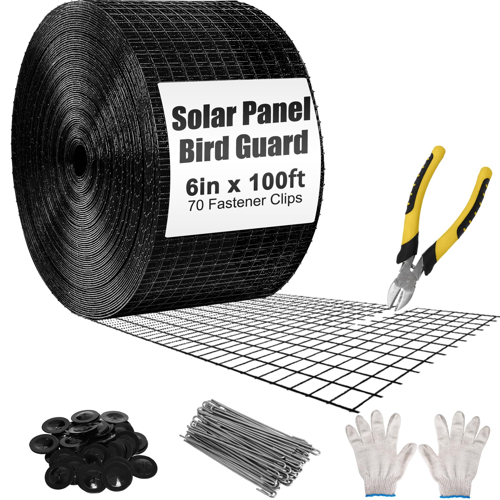 6in X 100ft Solar Panel Bird Guard - 1/2" Black PVC Mesh Galvanized Rust-Resistant Net, Critter Guard for Solar Panels with 70 Fastener Clips, Gloves, Cutting Pliers