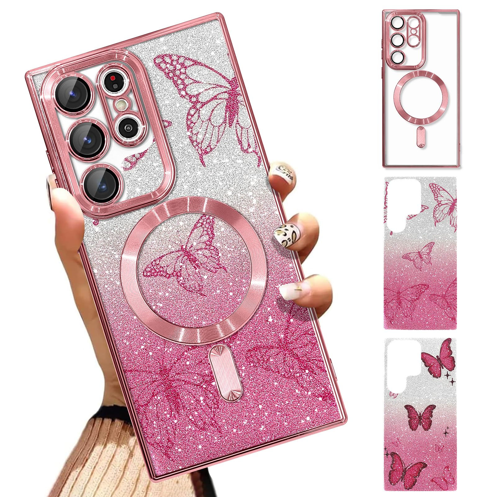 Illians Case Fit for Samsung Galaxy S23 Ultra [Compatible with MagSafe] Glitter Magnetic Case with Camera Protector [2 Pieces of Butterfly Design
