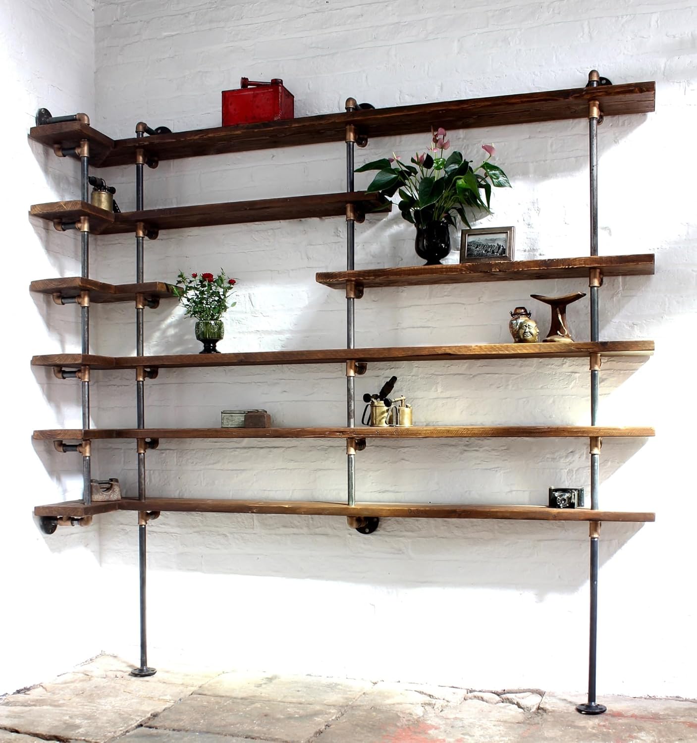 Corner Shelving Made With Reclaimed Scaffolding Boards for Home Office, Easy Assembly(BROWN)