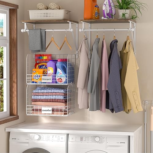 Miniatura 2 de DAOUTIME 2 Set Laundry Room Shelves Wall Mounted with Wire Storage Baskets, Over Washer and Dryer Shelves with Hanging Rods and Hooks, Wire Shelves