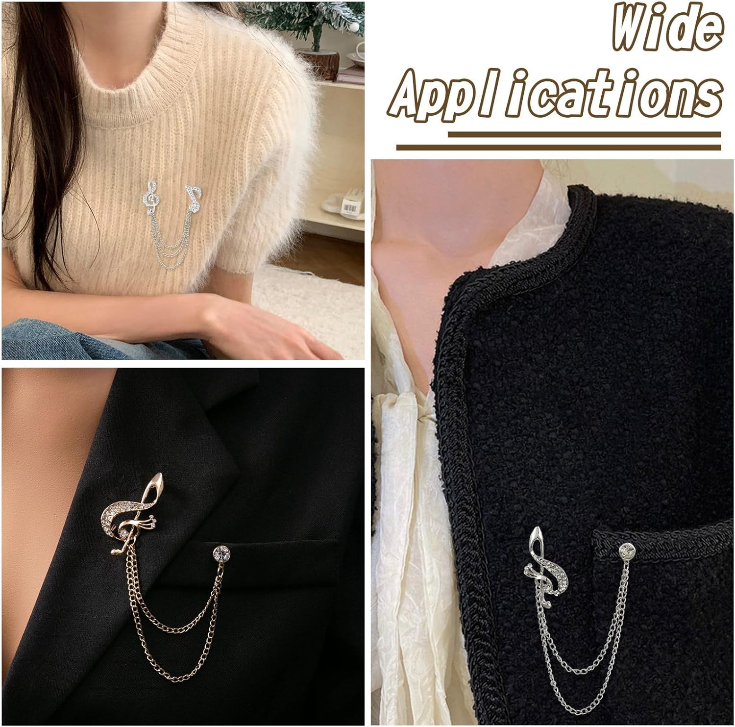 Airssory 4Pcs 4 Styles Rhinestone Musical Note Brooch Safaty Chain Hanging Sweater Tassel Collar Lapel Brooch Charm Pins for Women Men Unisex Suit Accessories - Image 7