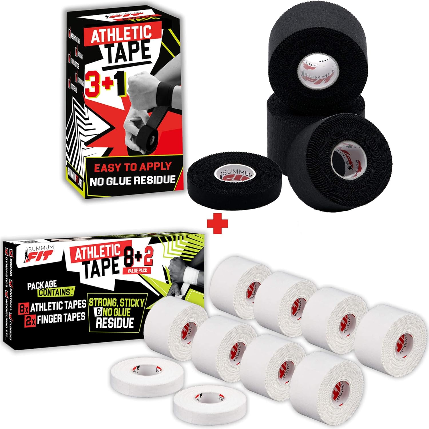 Athletic Tape Extremely Strong: 11 Rolls + 3 Finger Tape. Easy to Apply & No Sticky Residue. Sports Tape for Boxing, Football or Climbing. Enhance Wrist, Ankle & Hand Protection Now