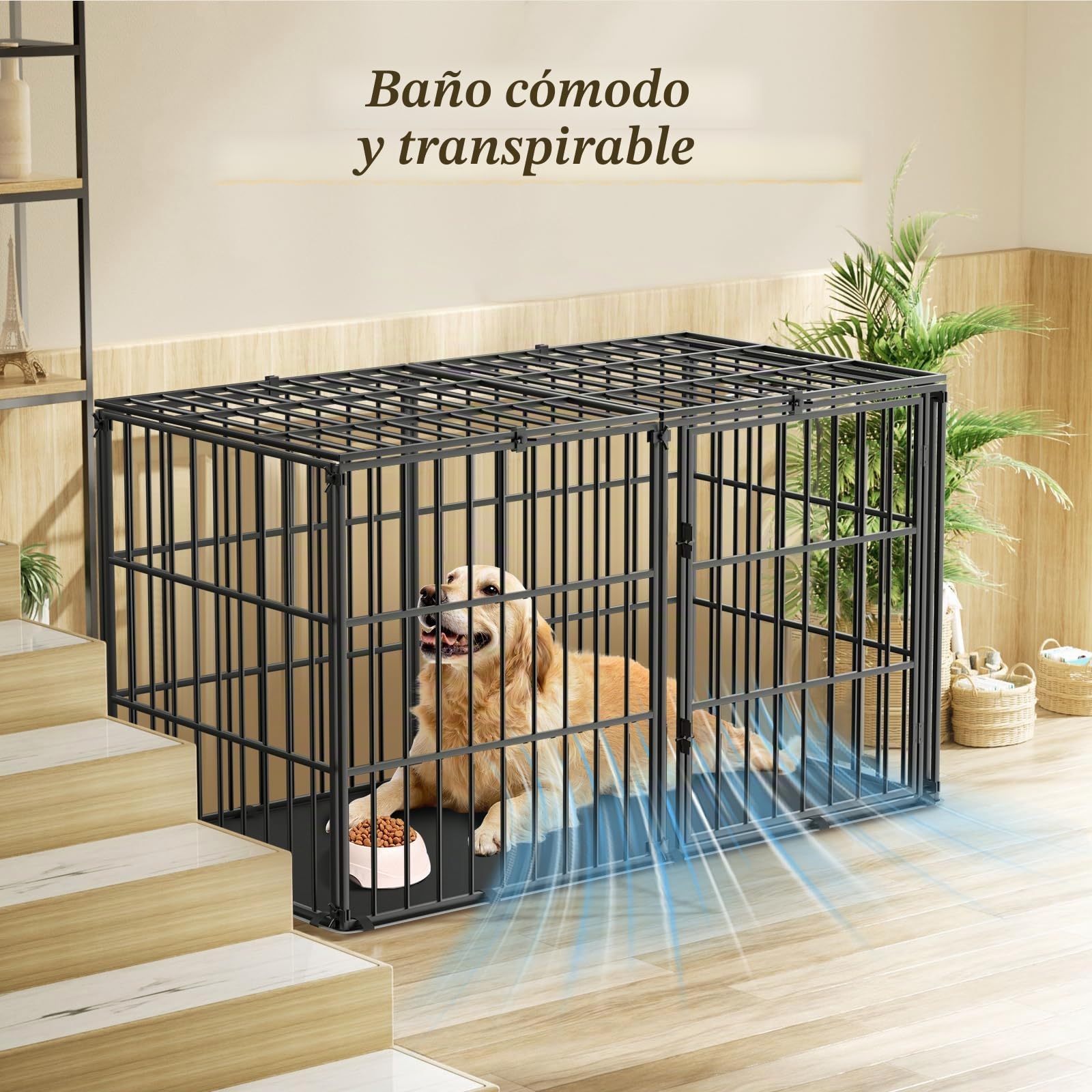Pawaboo - Jaula para Perro, con Alfombra Impermeable, Parque de Metal Grueso, antimordeduras, con Tapa Segura, Interior, Exterior, 143,5 x 70 x 80 cm, Color Negro