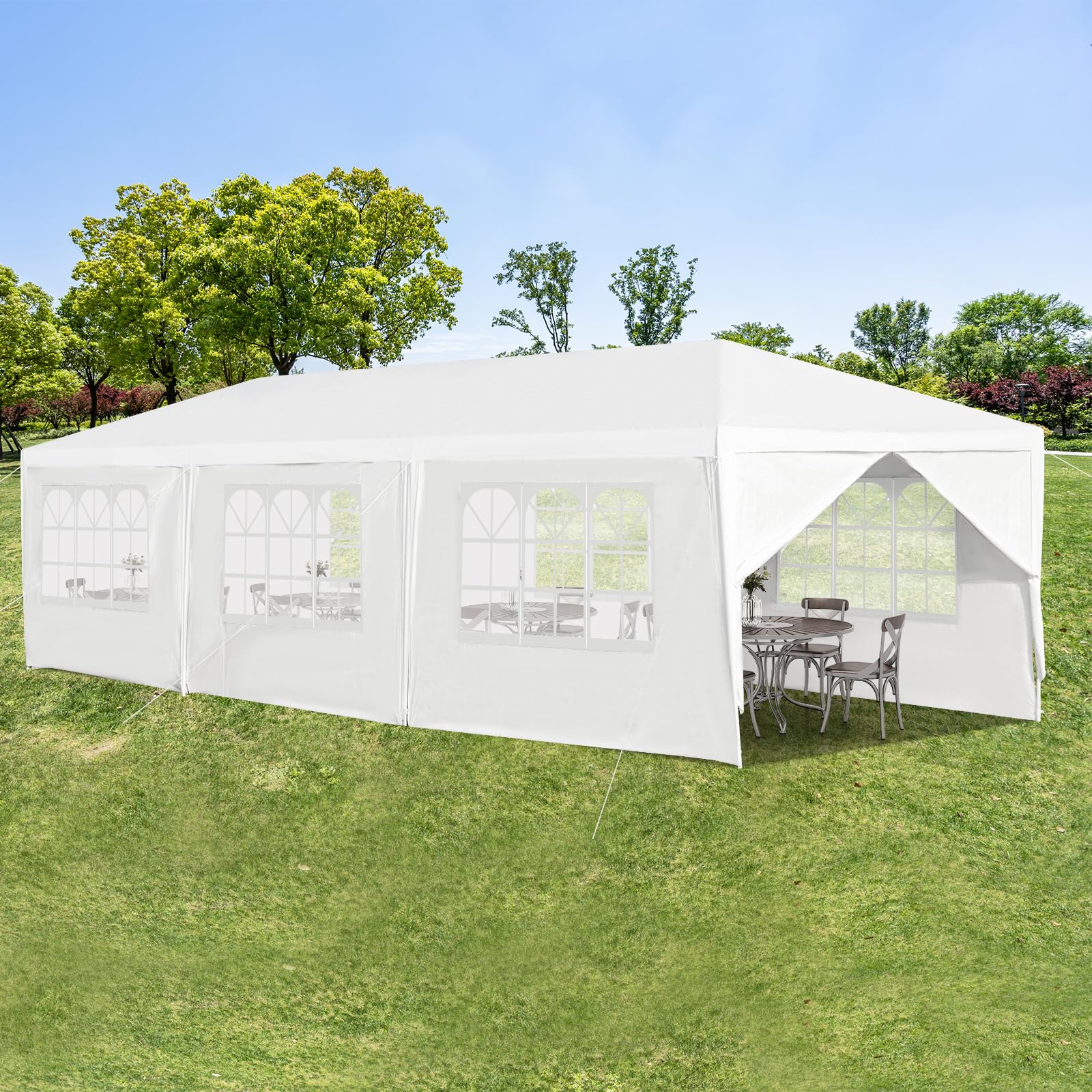 COSTWAY Tonnelle de Jardin 3x9m inclut 6 Murs Amovibles avec Fenêtre sur Côté, 2 Entrées de Porte, Abri Robuste avec Piquets de Terre