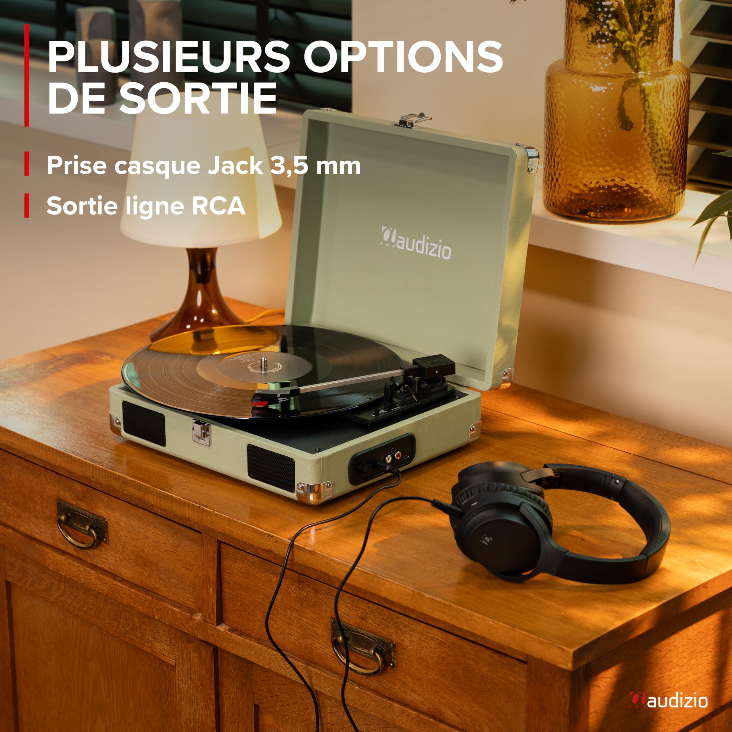Audizio RP111W Platine Vinyle Valise Rétro Bois Vert avec Haut-Parleurs Intégrés, 3 Vitesses 33, 45, 78 Tours, Sortie RCA et Casque, Portable, Idéale pour Écouter Ses Vinyles Partout