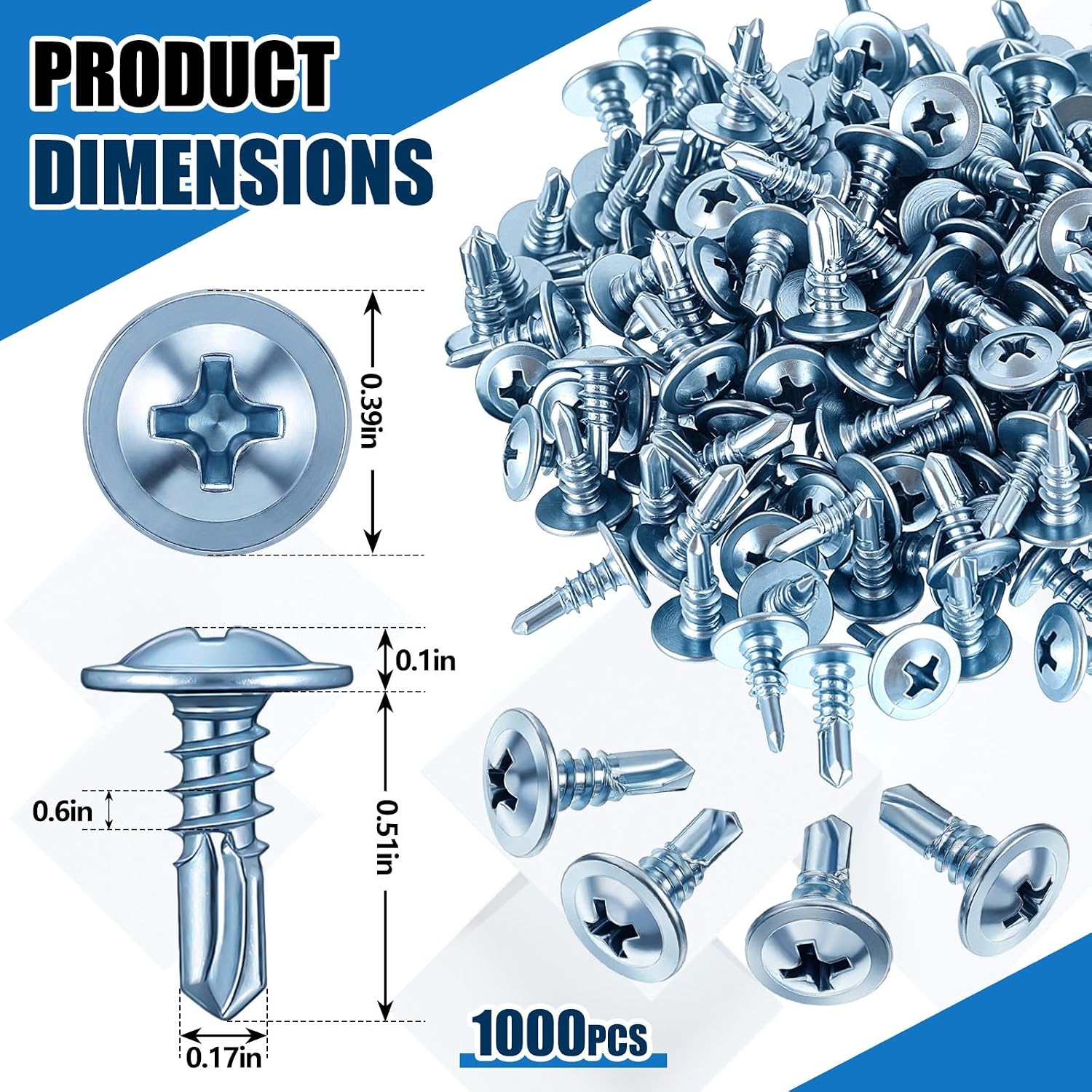 Hicarer 1000 Pcs #8 x 1/2" Wood Working Screws, Self Tapping Screws Drilling Truss Head for Metal Sheet Attaches Wire, Alloy Steel Standard, Quick Self Tapping, Zinc
