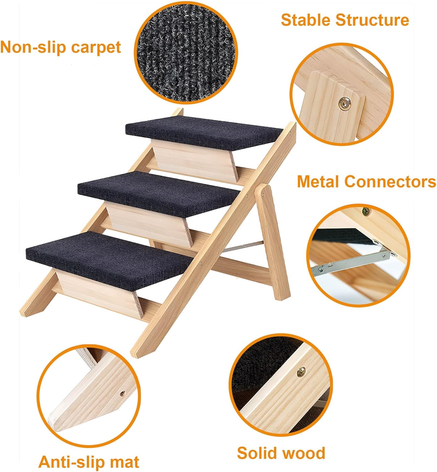 3-Step Wooden Pet Stairs/Ramp for Medium Dogs & Cats – 2-in-1 Foldable Design, Non-Slip Pads, 150 lbs Capacity, Safe Access to Beds, Sofas, Couches & Cars (Portable & Durable)