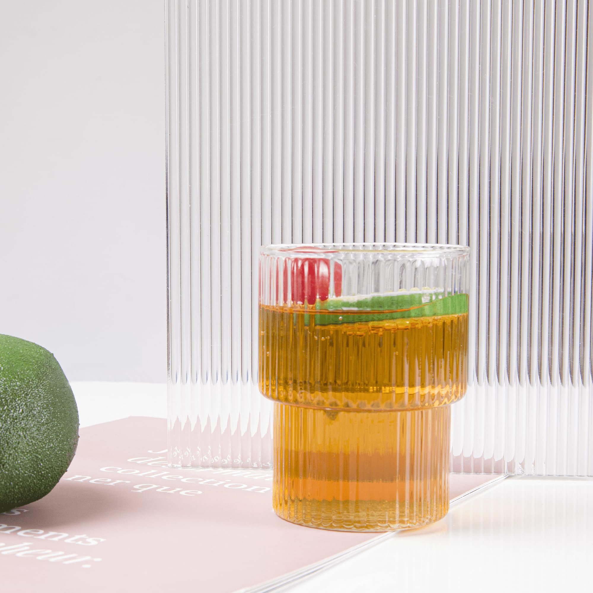 WeirdUncle Set Of 8 Ribbed Glassware,4 Highball Glasses 14oz & 4 Rocks Drinking Glasses 9oz, Green, Origami Style, Fluted Design, For Milk, Water, Cocktail, Juice, Beer, ToothBrush Cup, Gift