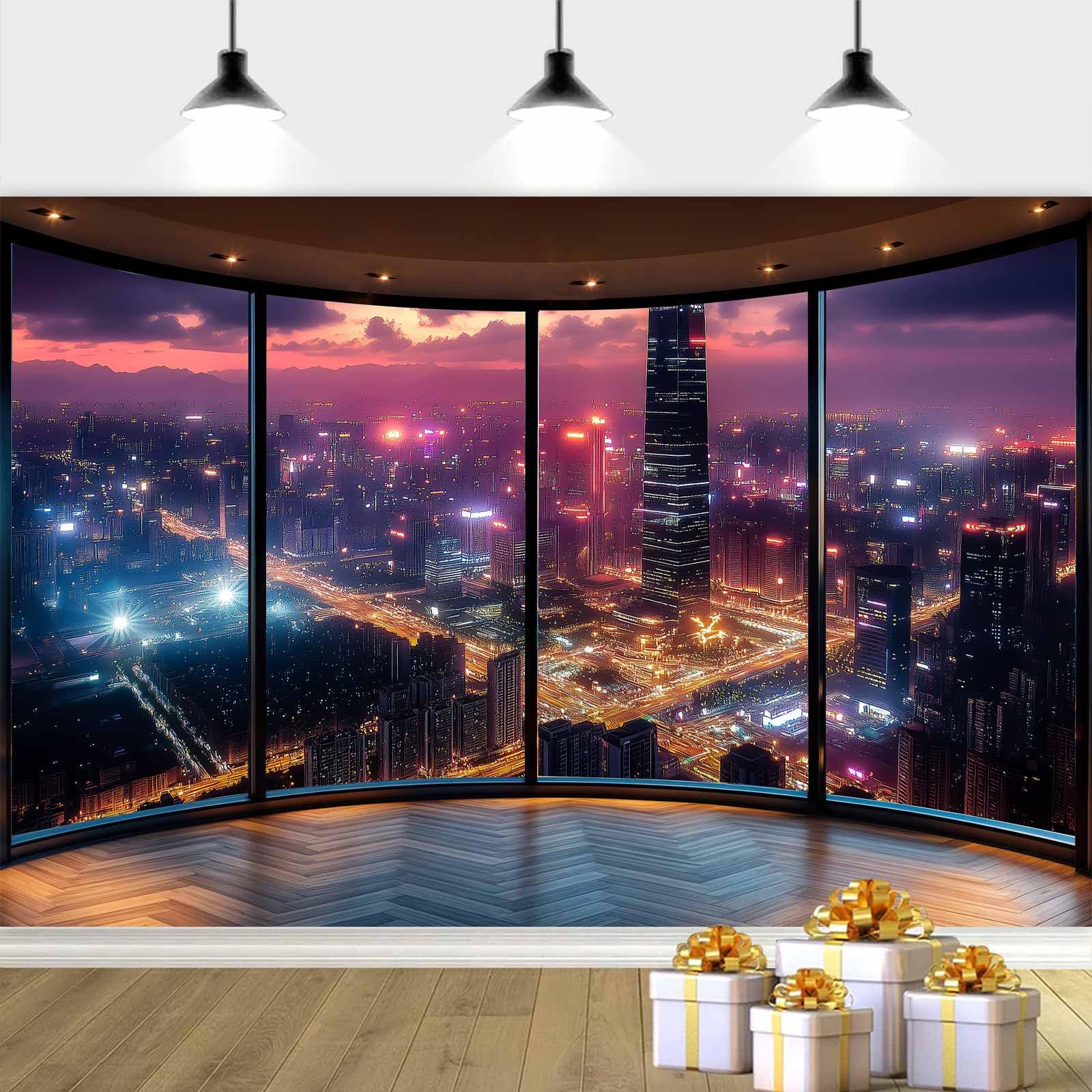 Photo 1 of 12X10ft City Landscape Backdrop Modern Office Backdrop, Night Modern City Building View Photography Background Video Conference Online Meeting Banner Decor Photo Studio Props