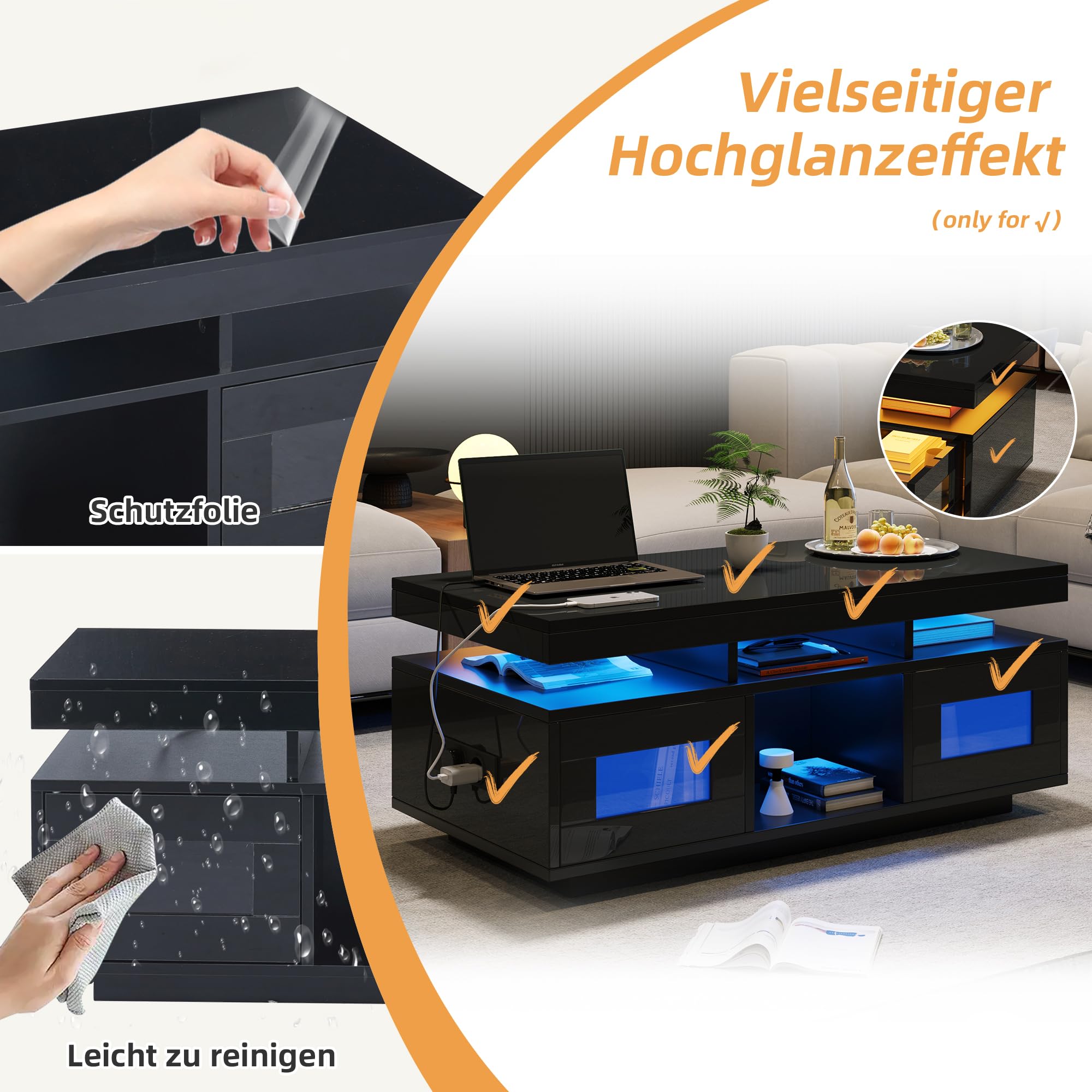 Merax Couchtisch Schwarz, Wohnzimmertisch Hochglanz mit LED Beleuchtung, Beistelltisch Kaffeetisch mit Schrank & Offene Staufächer, Sofatisch mit Ladeanschluss, Rechteckiger Mitteltisch, 100×50×43cm