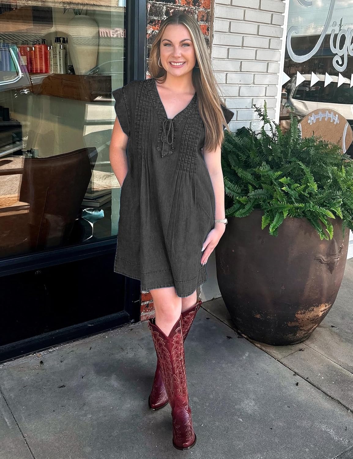 Denim Dress for Women,V Neck Jean Dresses Short Sleeves Denim Romper Dress with Pockets - Image 6