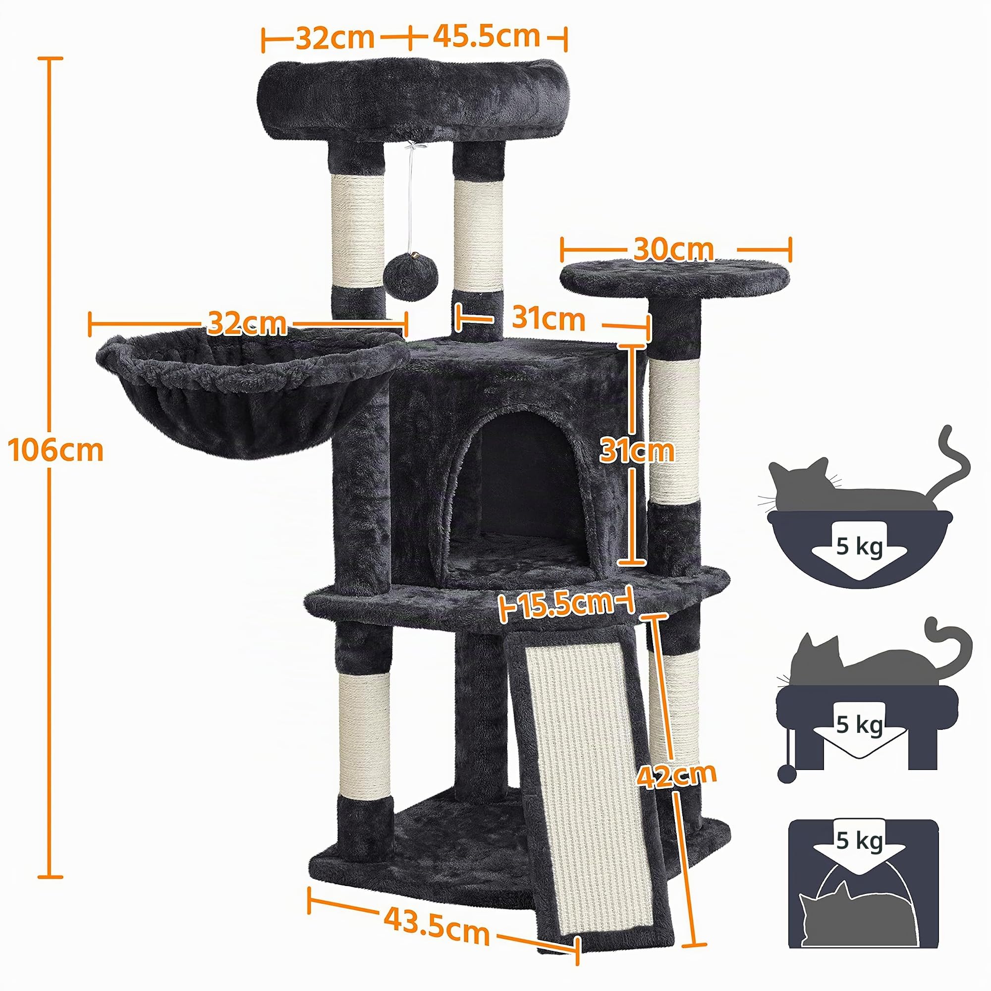 Yaheetech Árbol Rascador para Gatos Altura 106 cm Torre de Gatos Negro | Rampa de sisal, Correa antivuelco, postes cuerda de sisal, Bola colgante sustituible, Condominio grande, cesta acogedora