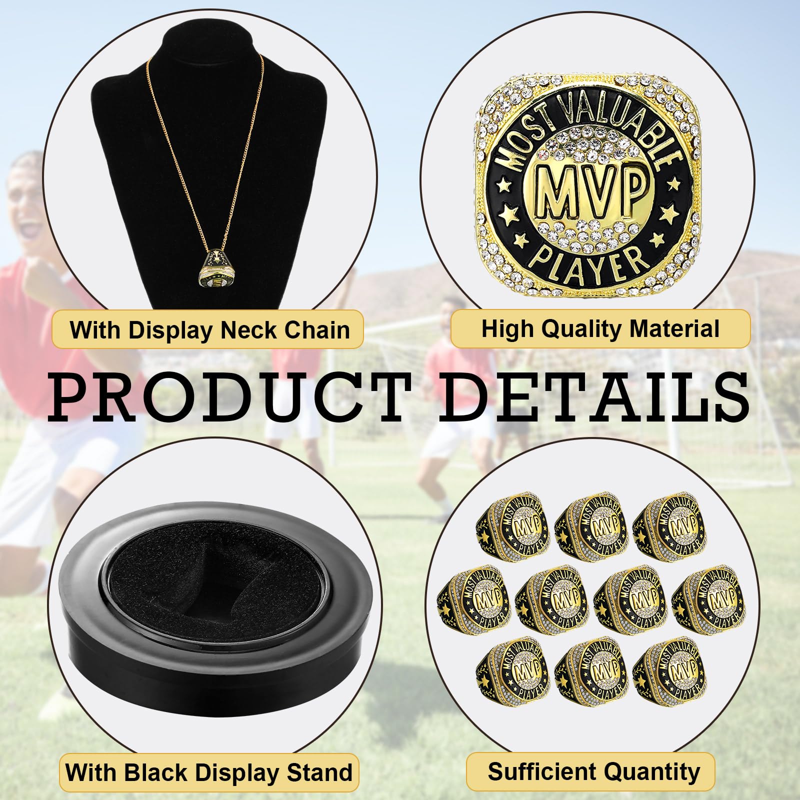 Highergo 10pcs Softball Soccer Baseball MVP Championship Trophy Ring with Display Neck Chain and Stand Basketball Cheerleading Bowling Football Volleyball Track Field for Award Gift