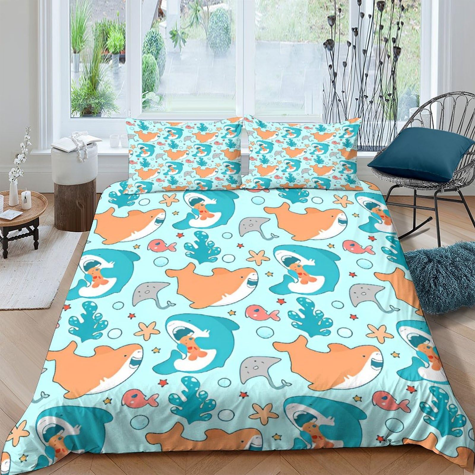 Housse de couette requin 3D 220x240cm parure lit microfibre créatures aquatiques