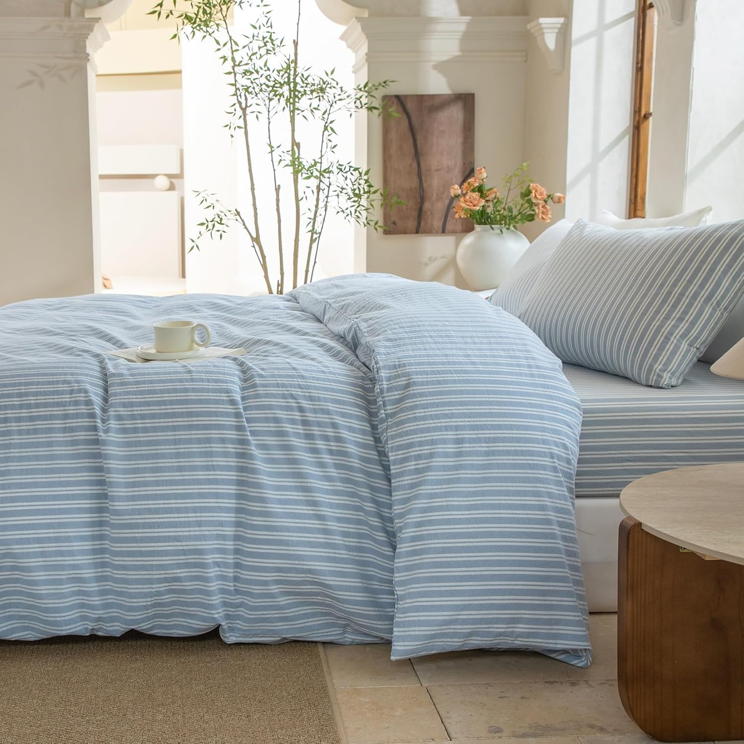 Luxury 100% Washed Cotton Linen Like Duvet Cover Set,3 Pcs Striped Duvet Cover with Zipper Closure(Strip-Cornflower Blue/White,Queen)