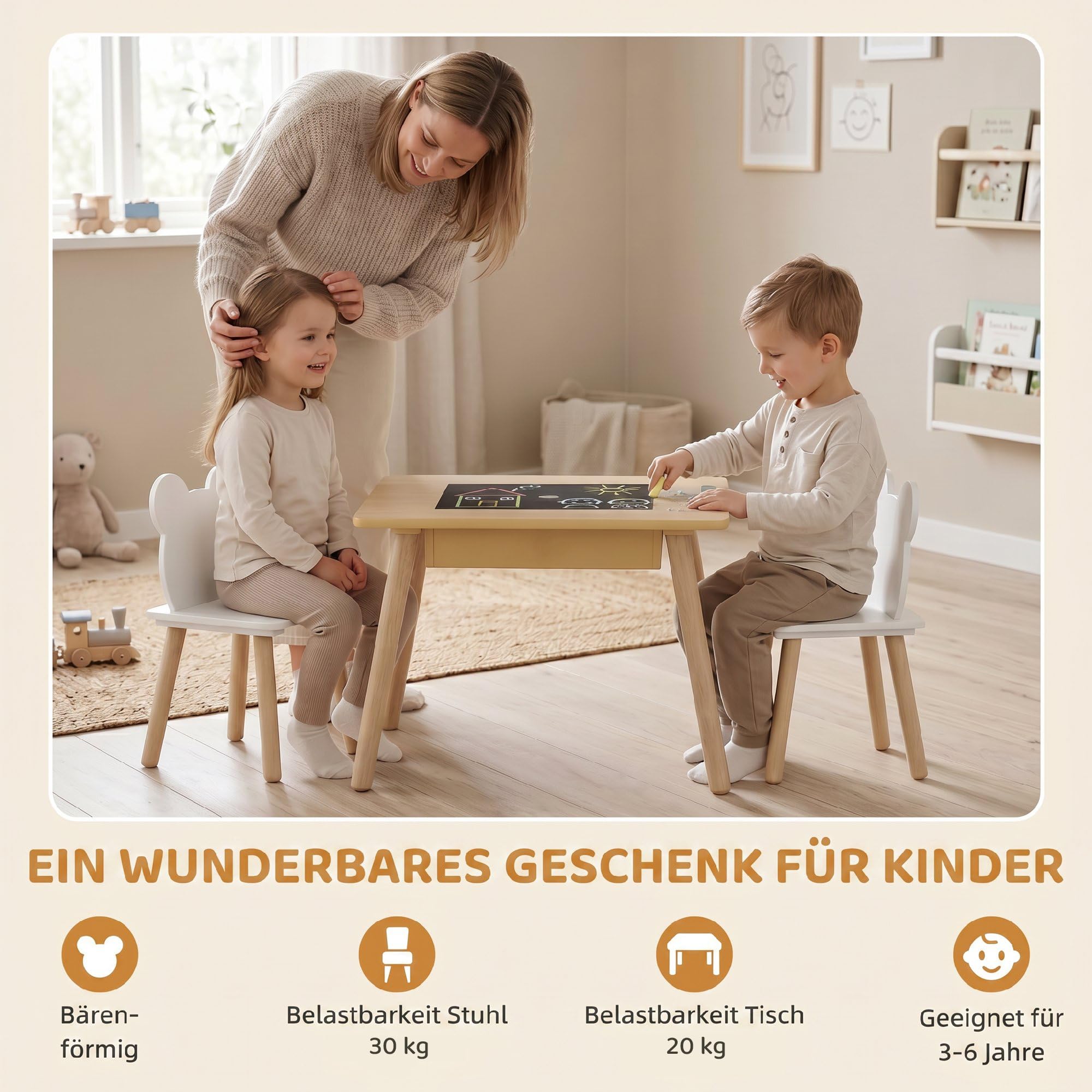 AIYAPLAY Kindertisch mit 2 Stühlen Kindersitzgruppe 3-6 Jahre Naturholz
