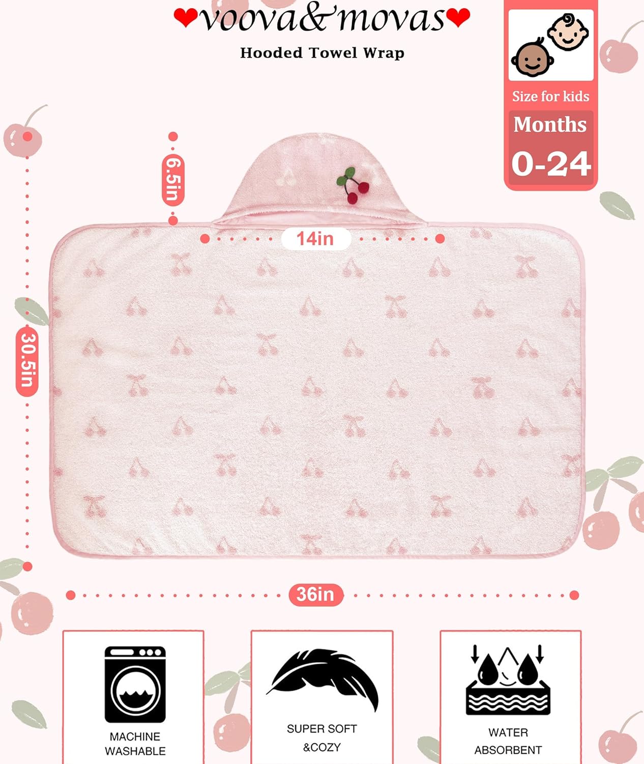 VOOVA & MOVAS Thick Baby Hooded Bath Towel - 100% Cotton,420GSM, 30.5x36 Inches,0-18Months, Super Absorbent Large Towel with Cherry Hood for Newborn,Toddler,Infant, Baby Essentials, Pink Cherry