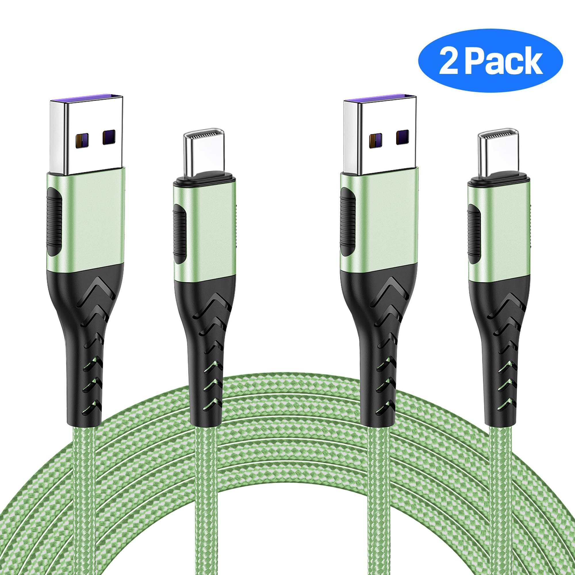 Durcord Cable de carga USB-C, 10 pies, cable trenzado de carga rápida, verde, paquete de 2
