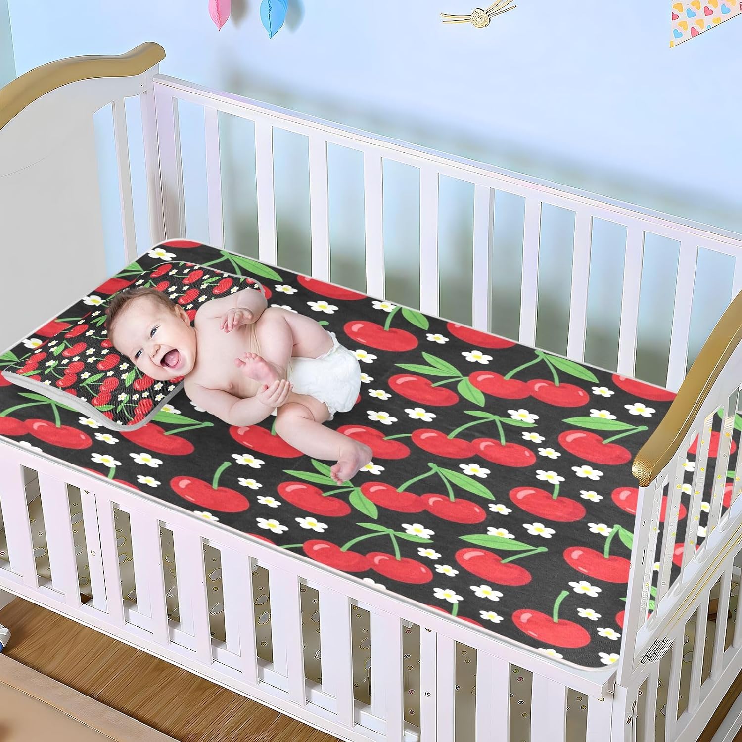 Cooling Baby Bed Mattress Protector 28" x 52" Washable Cherry Flowers Lovely Red Black Pads for Kids for Kids, Adult