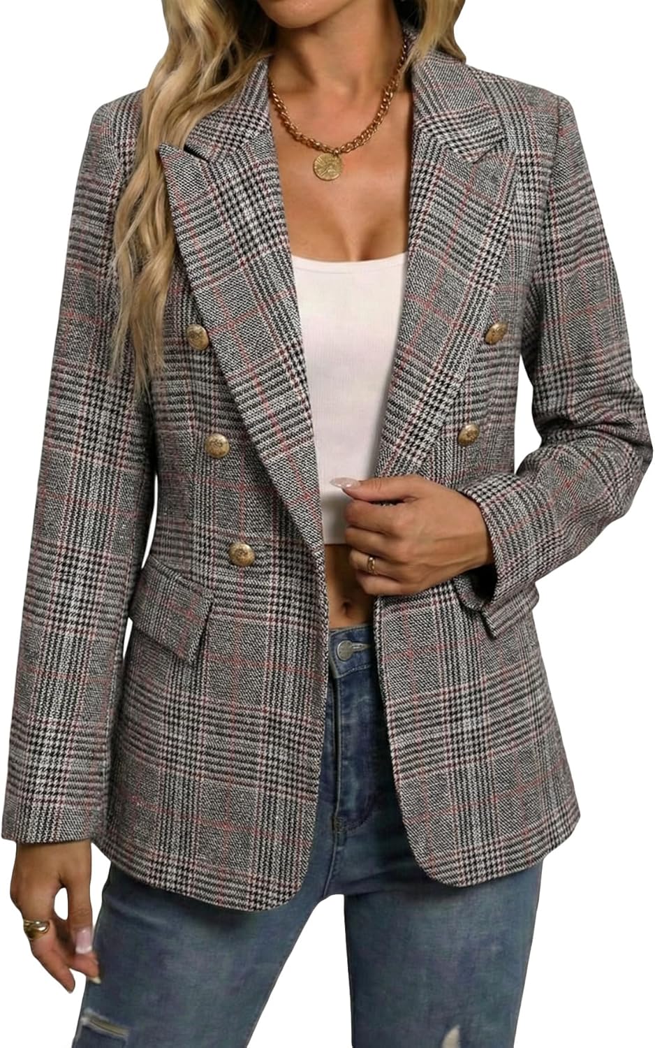 Mina Self 2026 Spring Women's Tweed Plaid Blazer Jacket - Fully Lined Fashion Business Casual Elegant Work Coat Pockets - Image 2