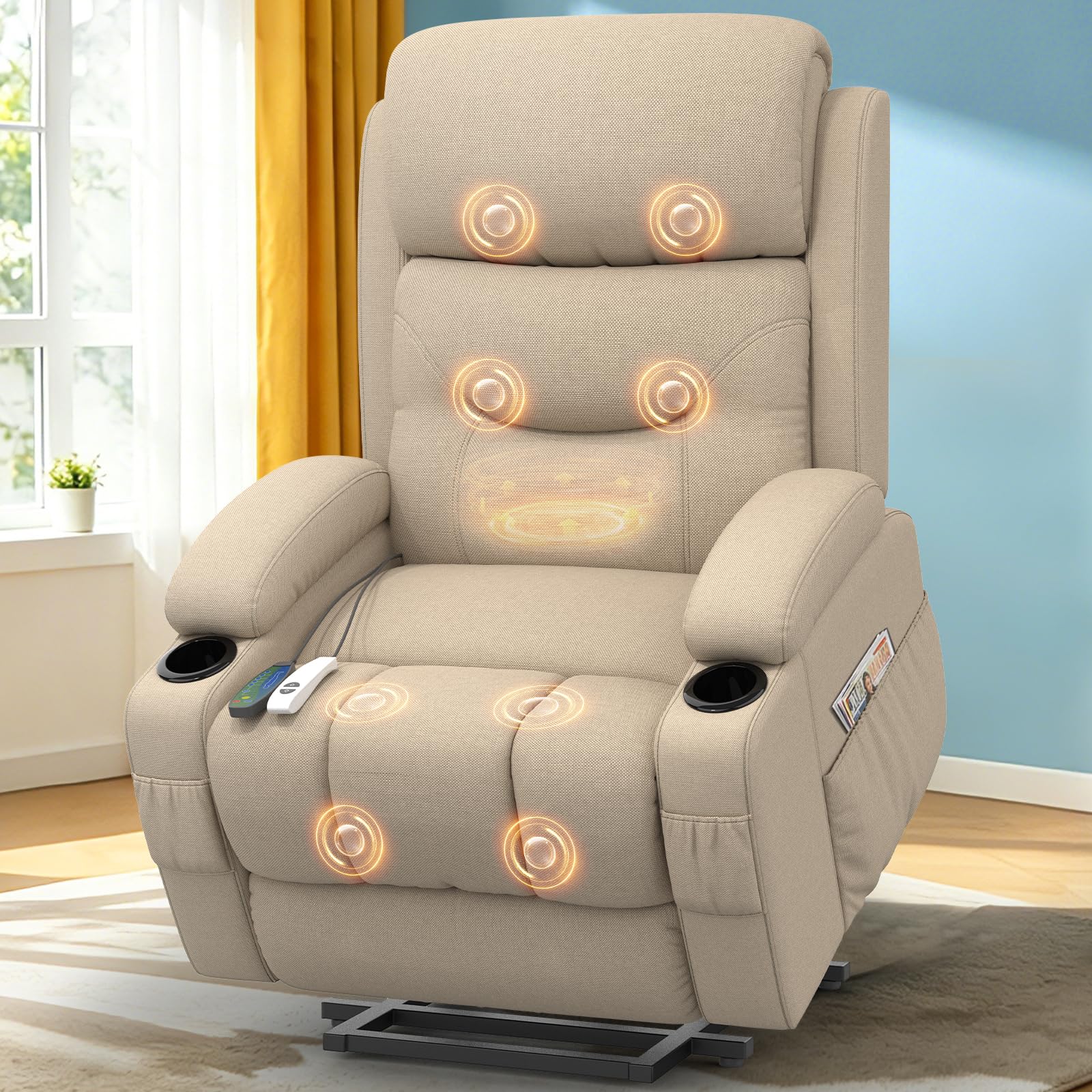 Srfzluxy Fernsehsessel Massagesessel mit Liegefunktion, Relaxsessel mit Wärme und Massage, 360°Drehbarer TV Sessel Wohnzimmer, Schaukelstuhl mit Gepolsterte Kopfstütze, 2 Seitentaschen
