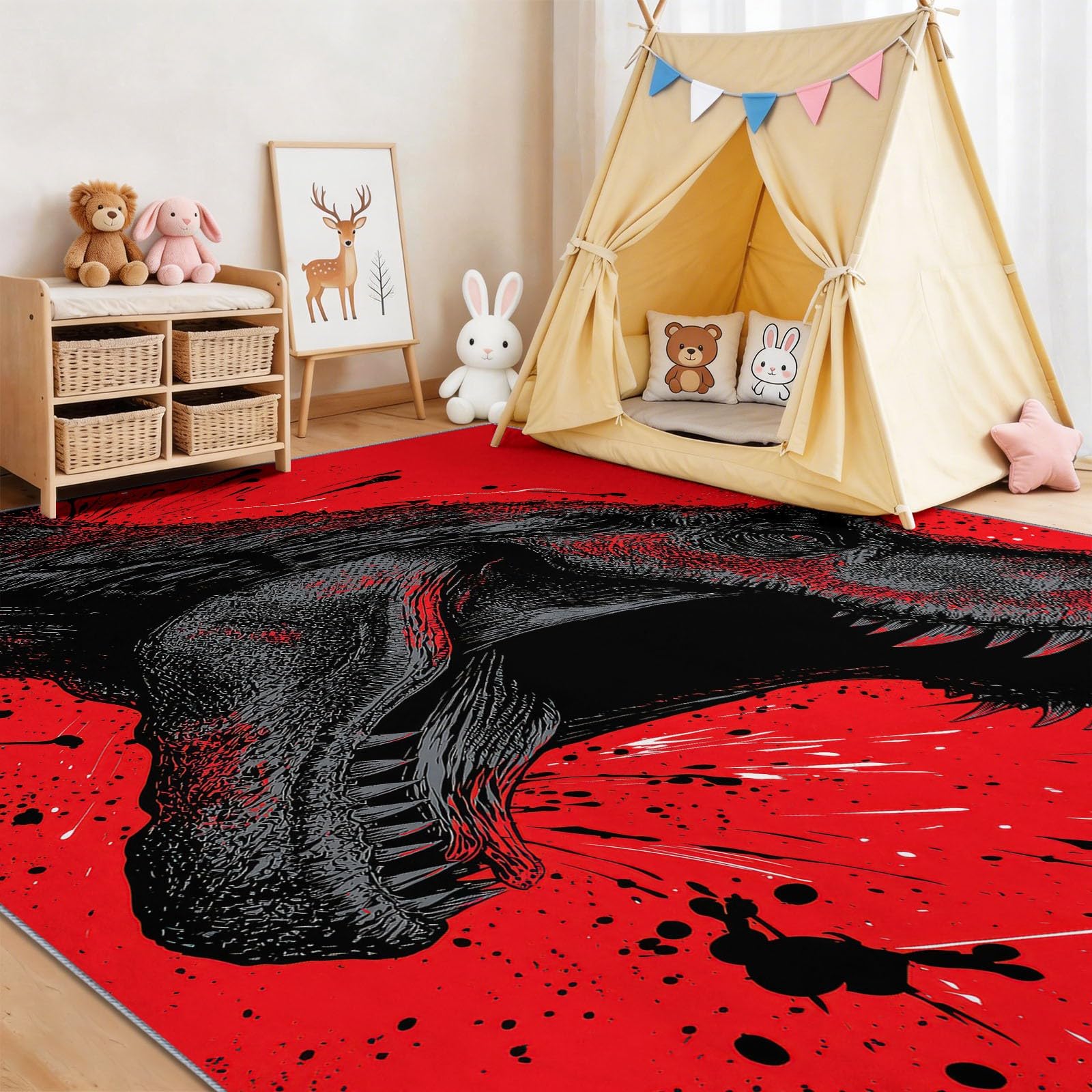 Dywan antypoślizgowy do salonu, 140 x 200 cm, dywan z niskim włosiem nadający się do prania w pralce z nadrukiem dinozaura anime, efekt 3D, do pokoju dziecięcego, pokoju zabaw, kolorowy