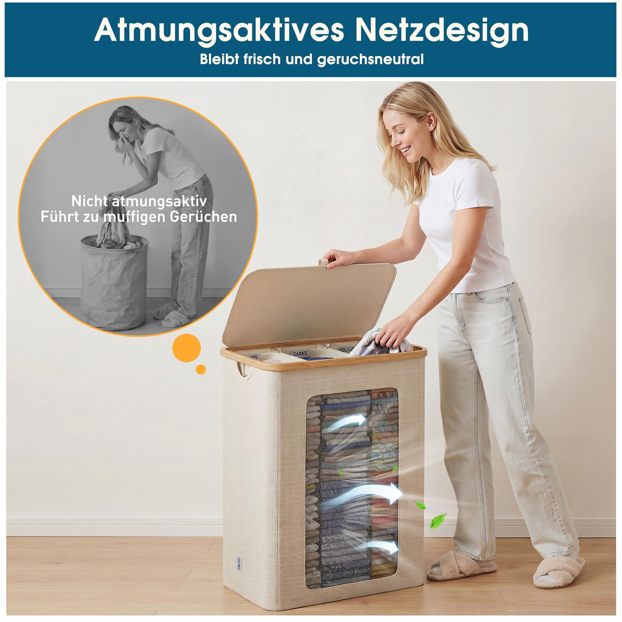 Wäschekorb 3 Fächer 160L, Wäschesammler mit Deckel, Bambusrahmen und 600D wasserdichtem Oxford Stoff, mit 3 herausnehmbaren Innentaschen für Schlafzimmer und Badezimmer, Beige