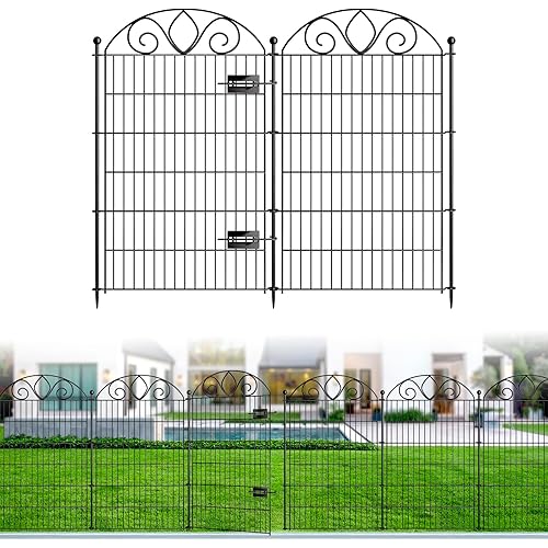 10 Panels No Dig Tall Garden Fence with Gate – 44" H X 23.6' L Rustproof Metal Dog Fence Outdoor for Yard, Decorative Animal Barrier Fence for Pet, Garden Border, Patio, Flower | Temporary Fencing