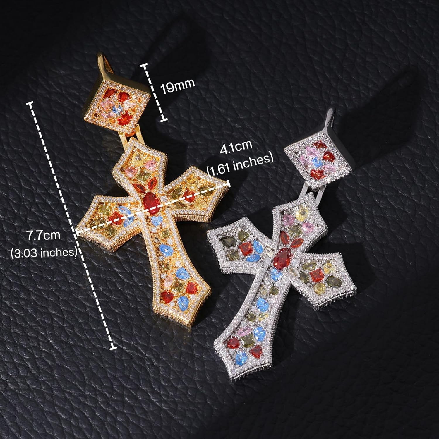 Lulu Mel Iced Out Colorful Rhomboic Cross Pendant Necklace, Trendy White Gold Hip Hop Cubic Zirconia Oval Diamond Cross Pendant Faith Jesus Necklace Gift - Image 6