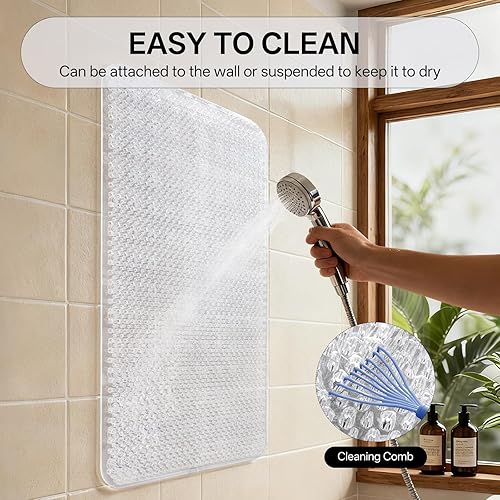 Vista 7 de Tapete de ducha antideslizante, tapete para bañera con ventosas y orificios de drenaje, secado rápido, suave en los pies, 16 x 27 pulgadas